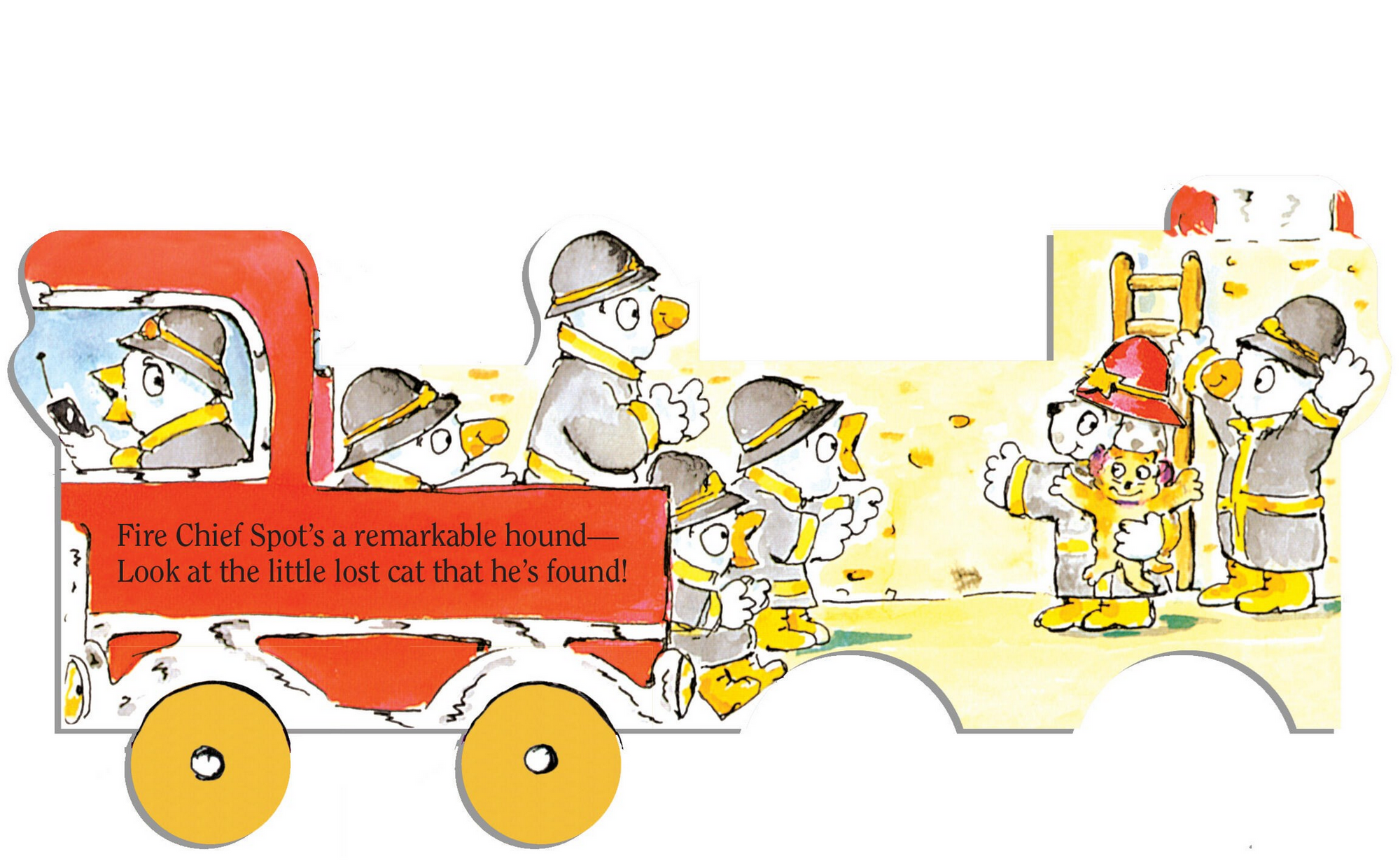 Illustration of a fire truck with cartoon characters, including a dog in a firefighter outfit, on a yellow background.