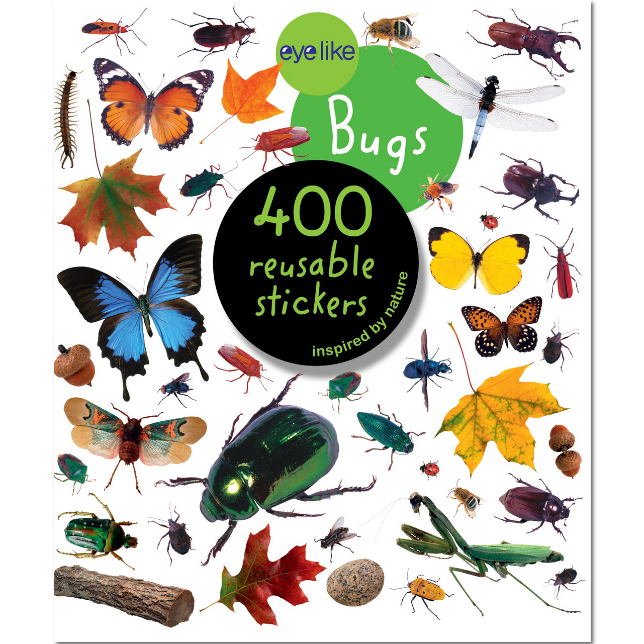 Book cover with colorful stickers of bugs and leaves on a white background