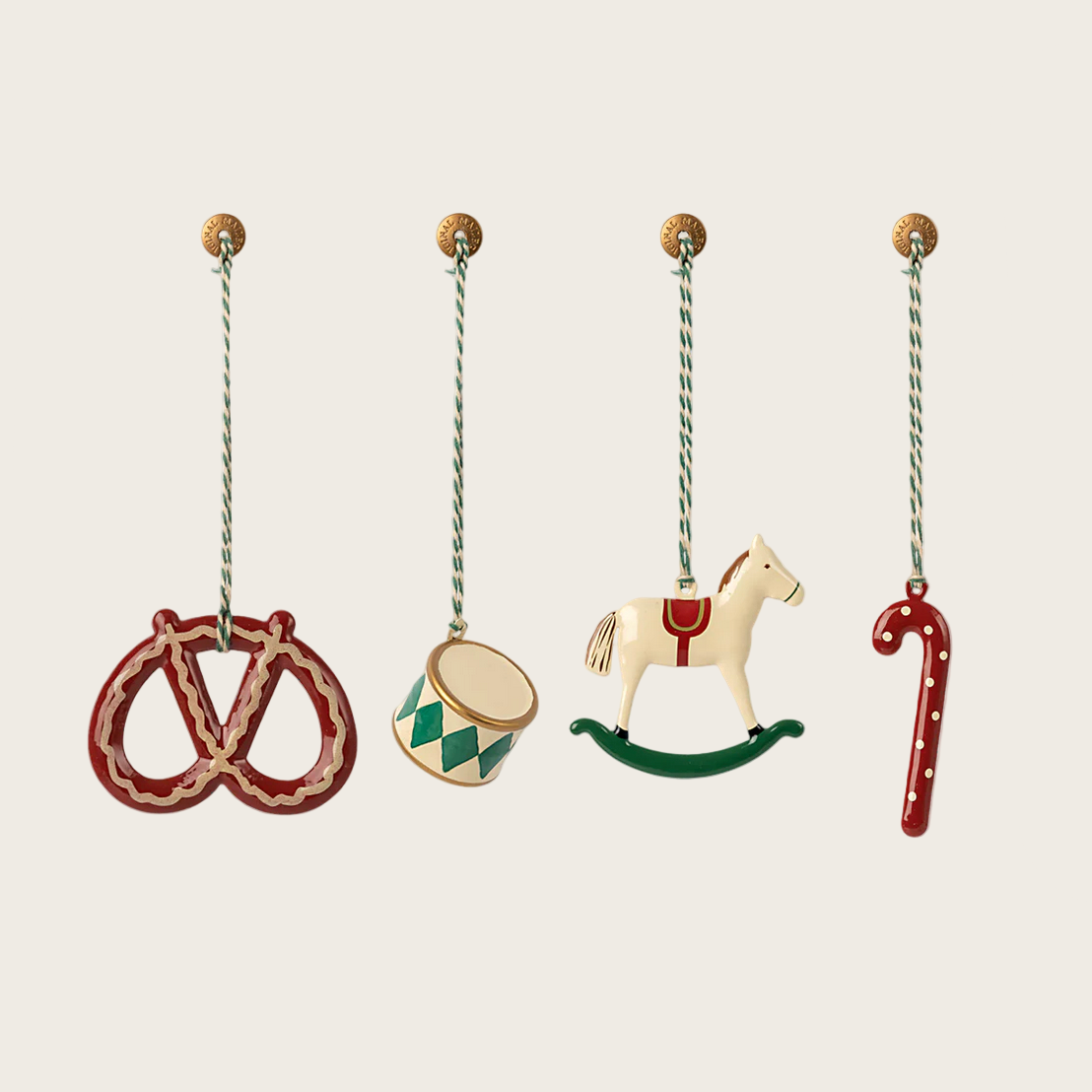 Metal ornament set with pretzel, drum, rocking horse, and candy cane