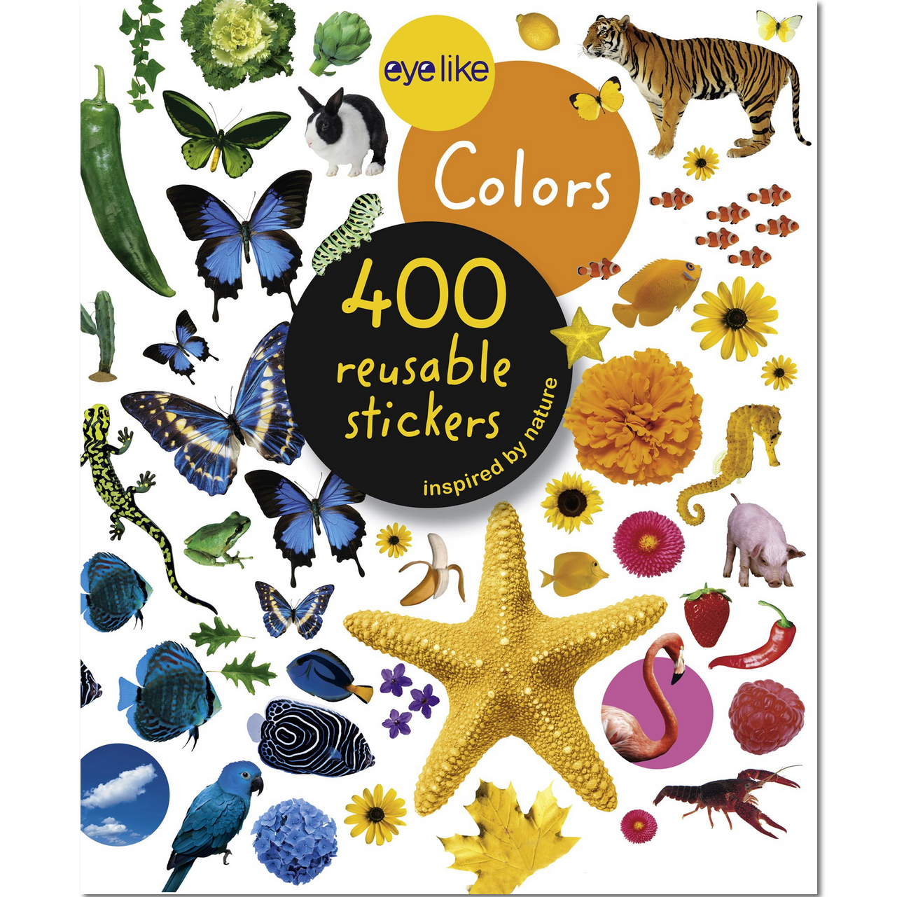 Sticker book cover with colorful stickers of animals and nature on a white background