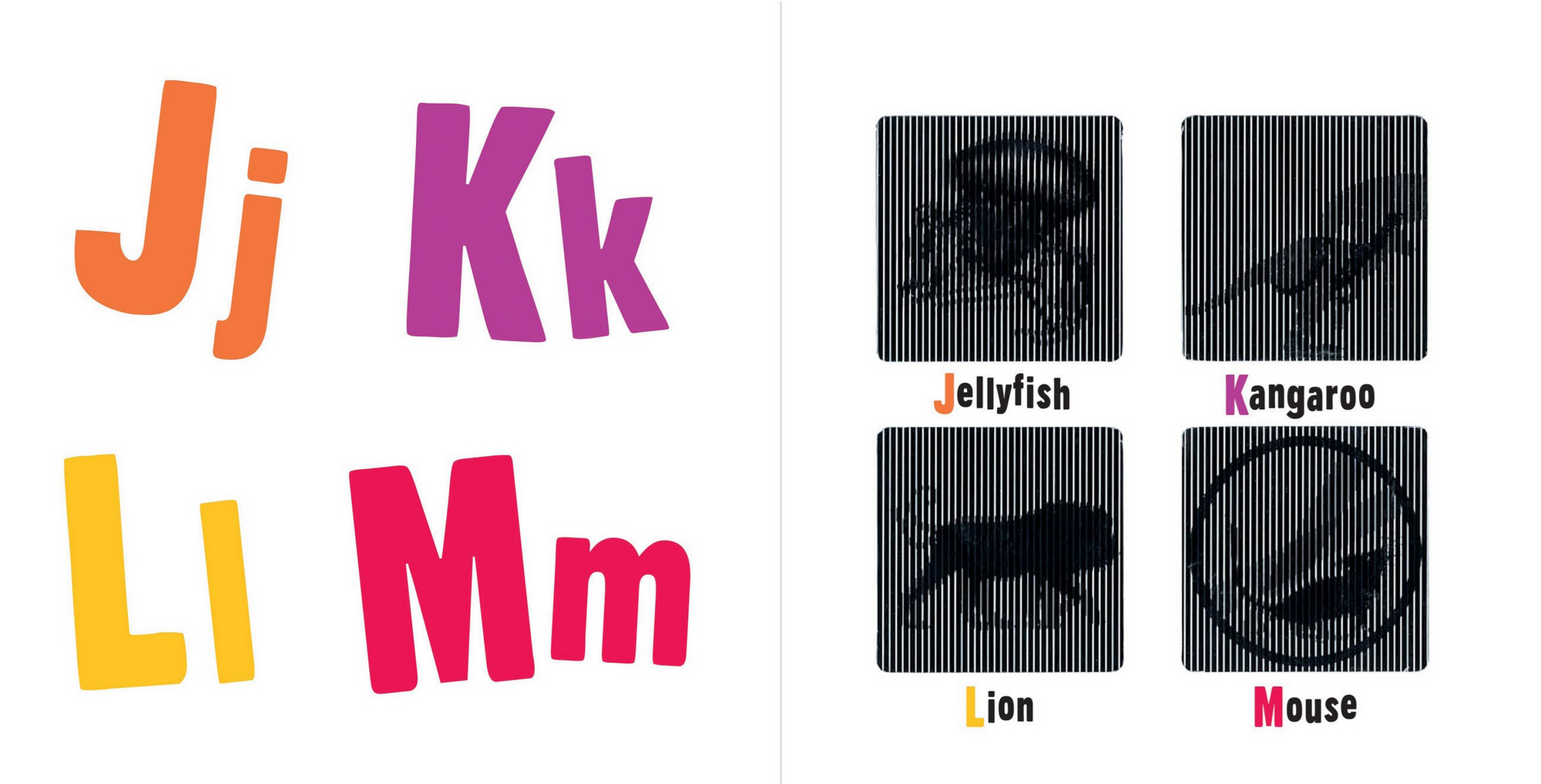 Alphabet letters J to M with corresponding illustrations of a jellyfish, kangaroo, lion, and mouse on a white background.