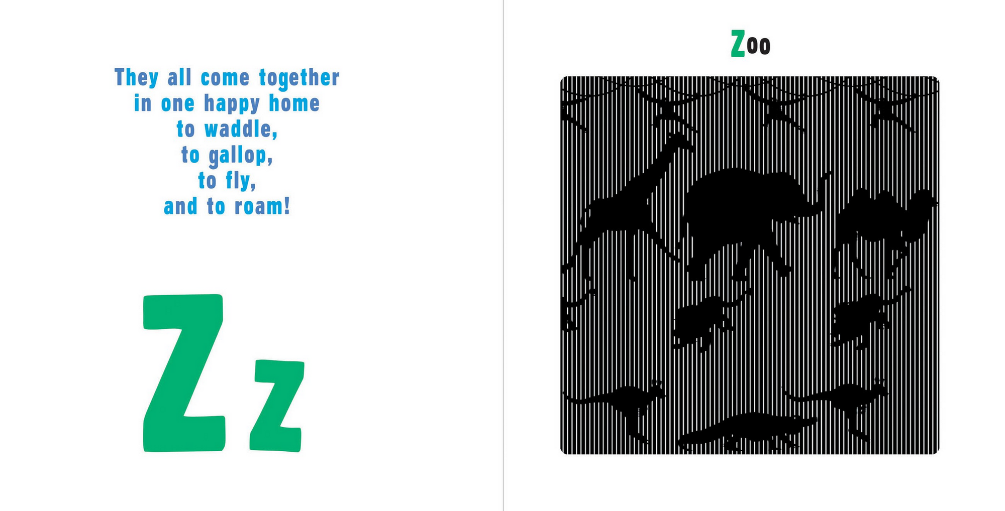 Zoo-themed design with silhouettes of animals and text on a white background.