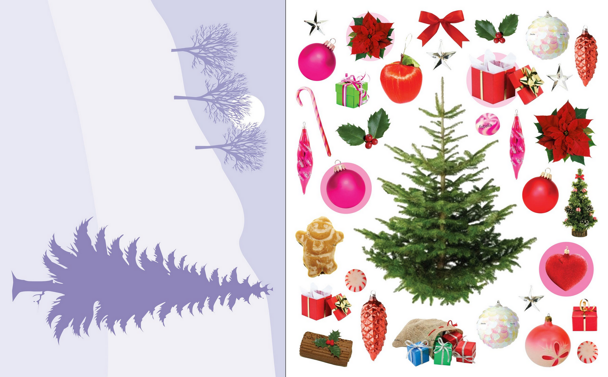 Collection of Christmas decorations including a tree, ornaments, and gift boxes on a light purple background.