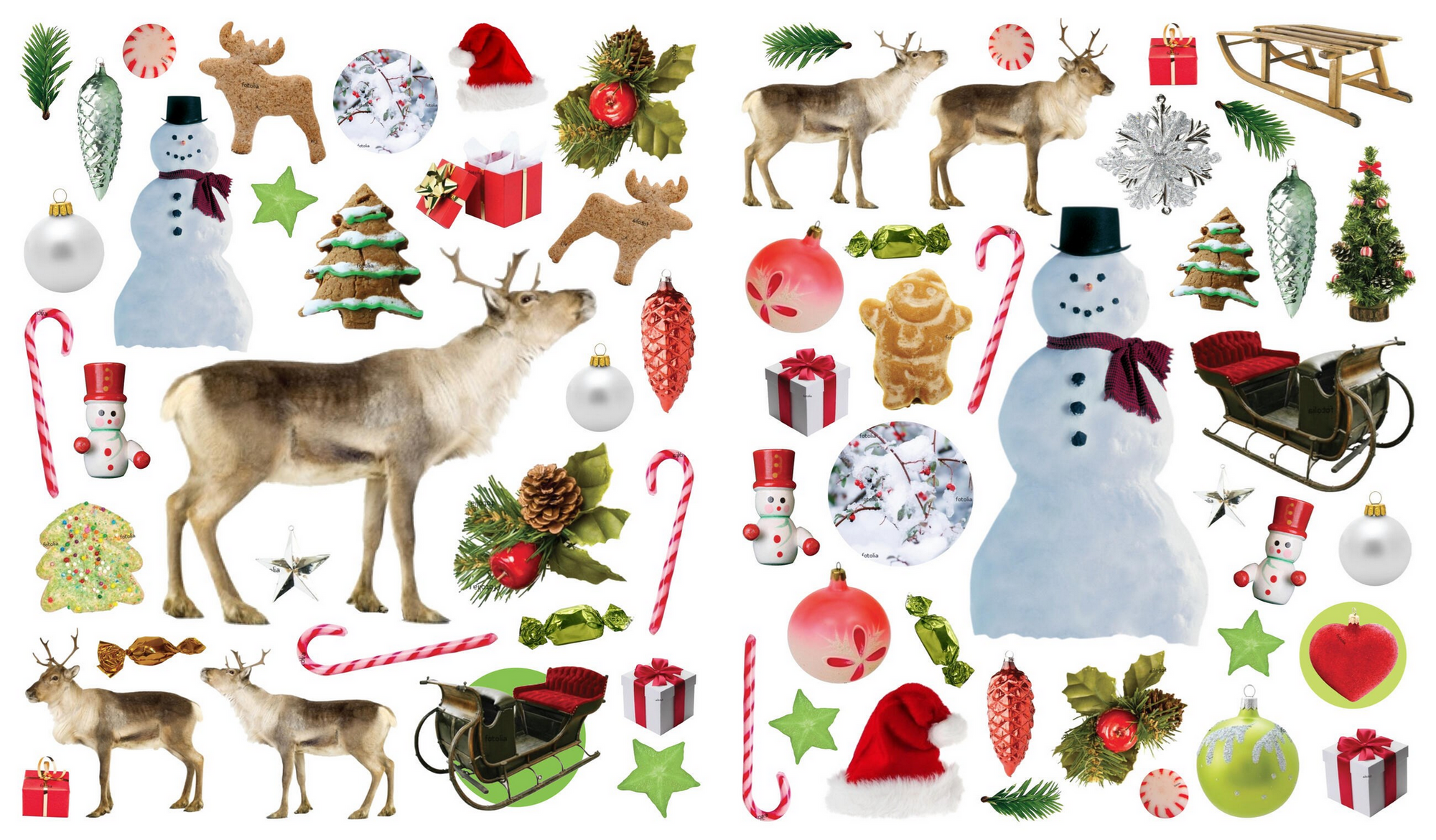 Collection of Christmas-themed illustrations including reindeer, snowmen, and festive items on a white background.