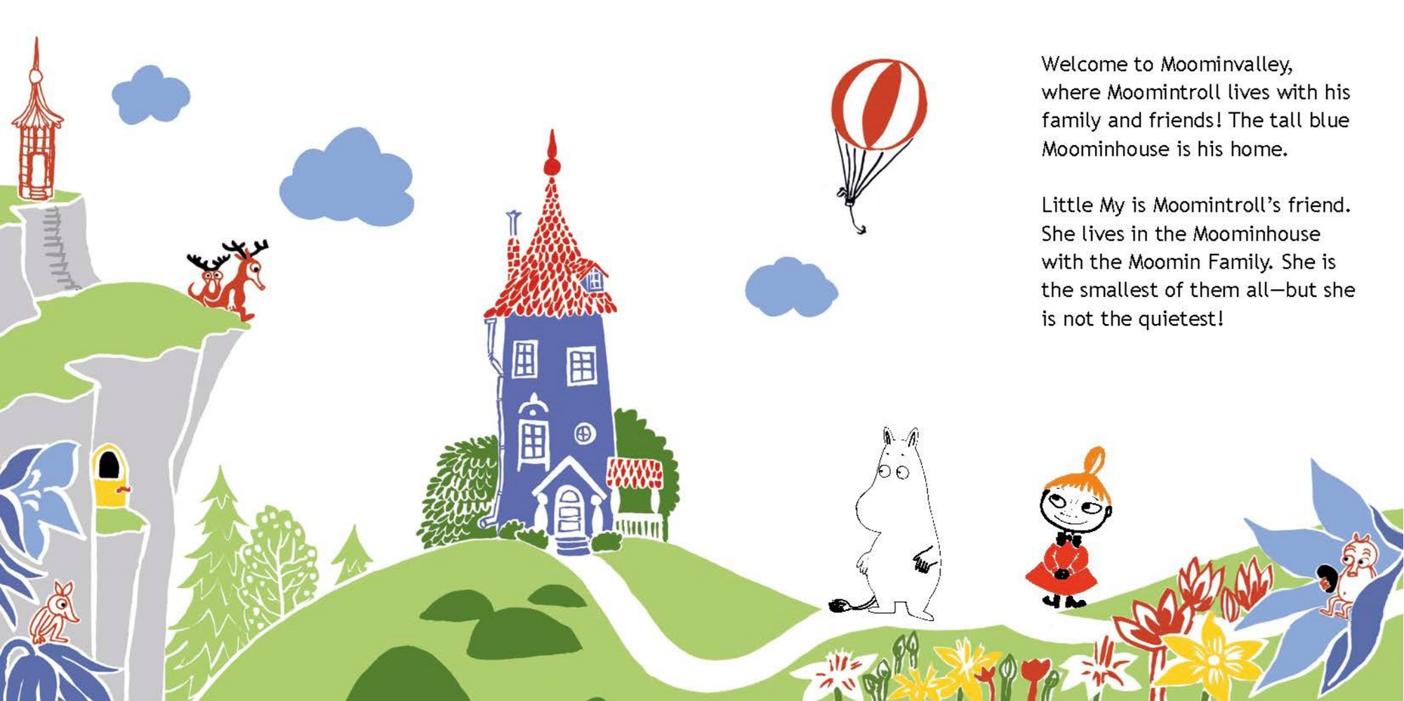 Illustration of Moominvalley with Moomin characters and a house.