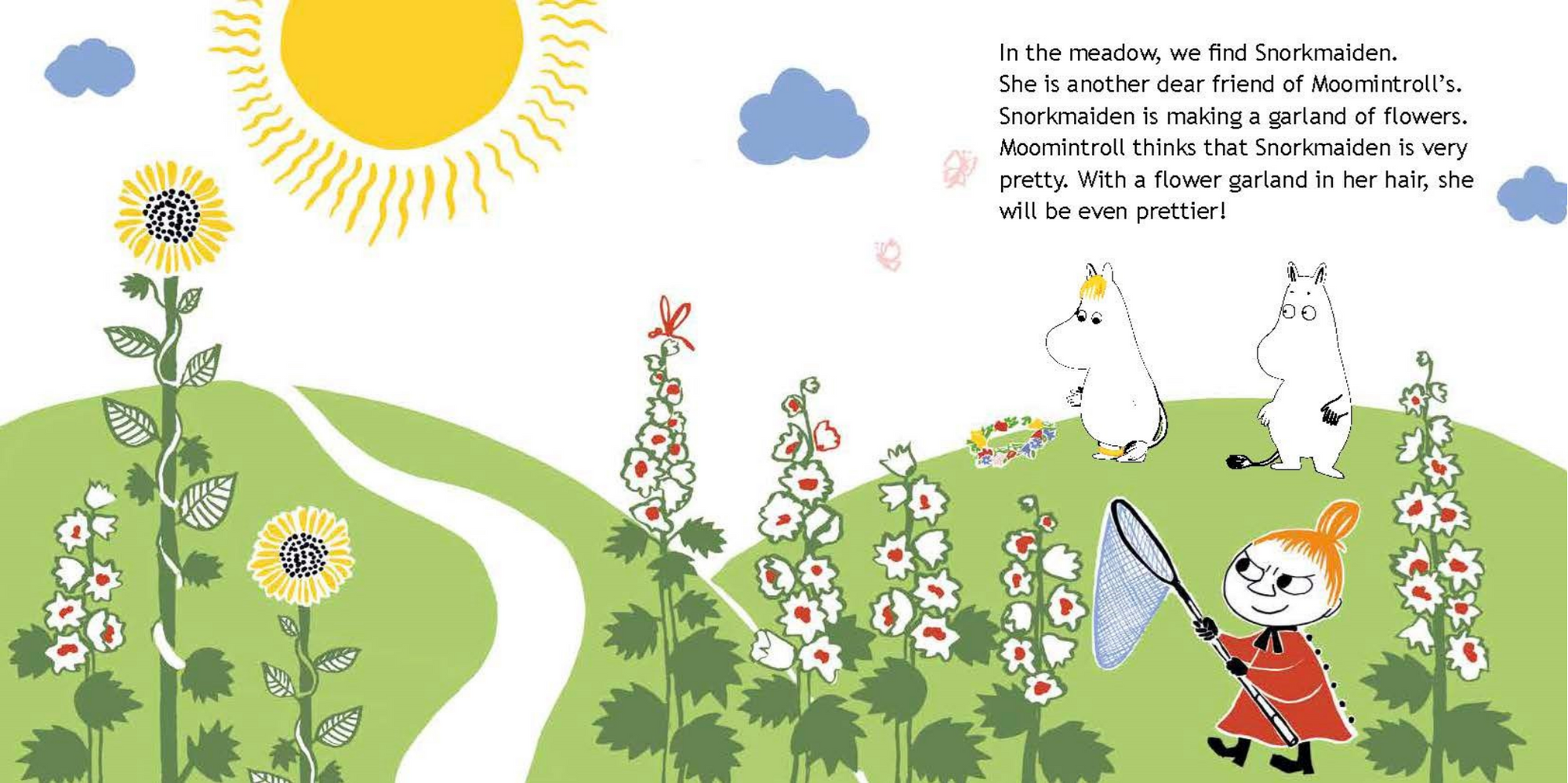 Illustration of a snowy landscape with a sun, flowers, and characters in a cartoon style.