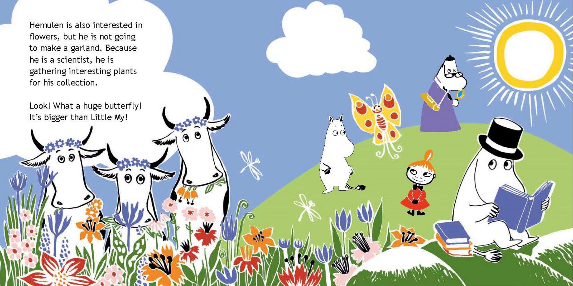 Illustration of cartoon characters in a garden with flowers and a butterfly