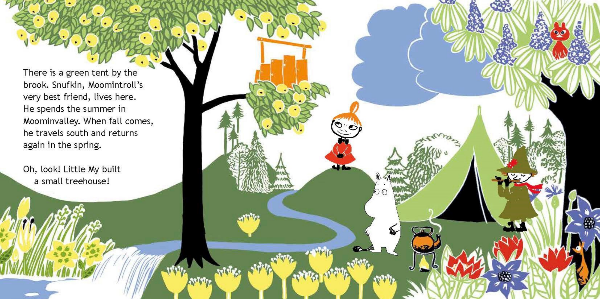 Illustrated children's book page with a character by a tent in a forest setting.