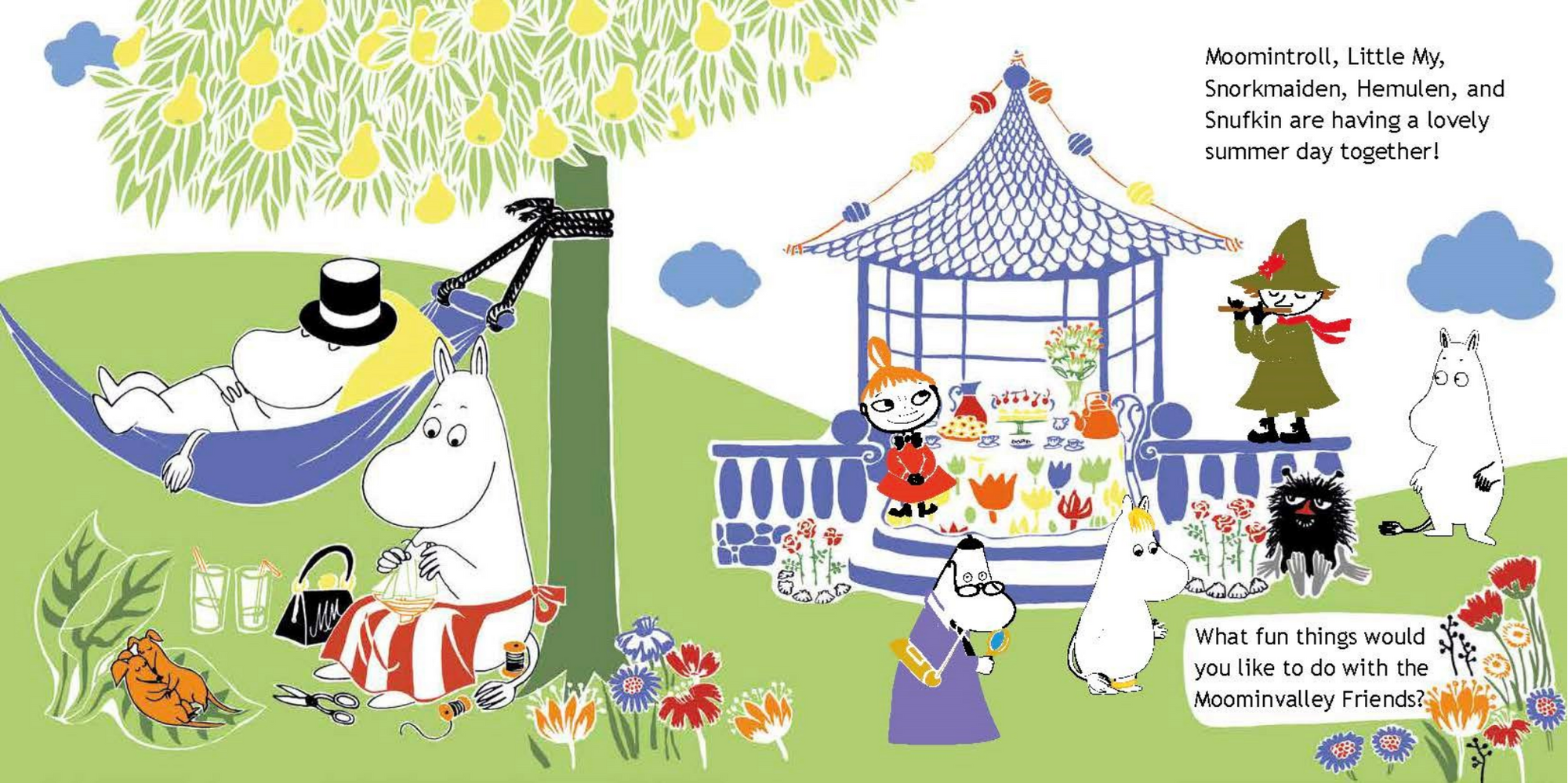 Illustration of Moominvalley characters enjoying a summer day outdoors.