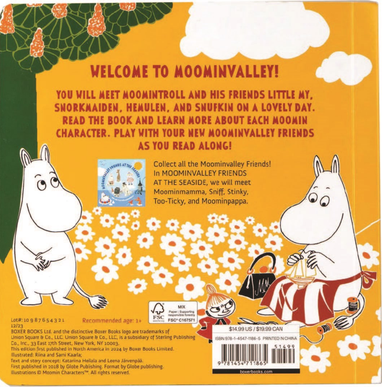 Back cover of a book with Moomin characters and text about Moominvalley.