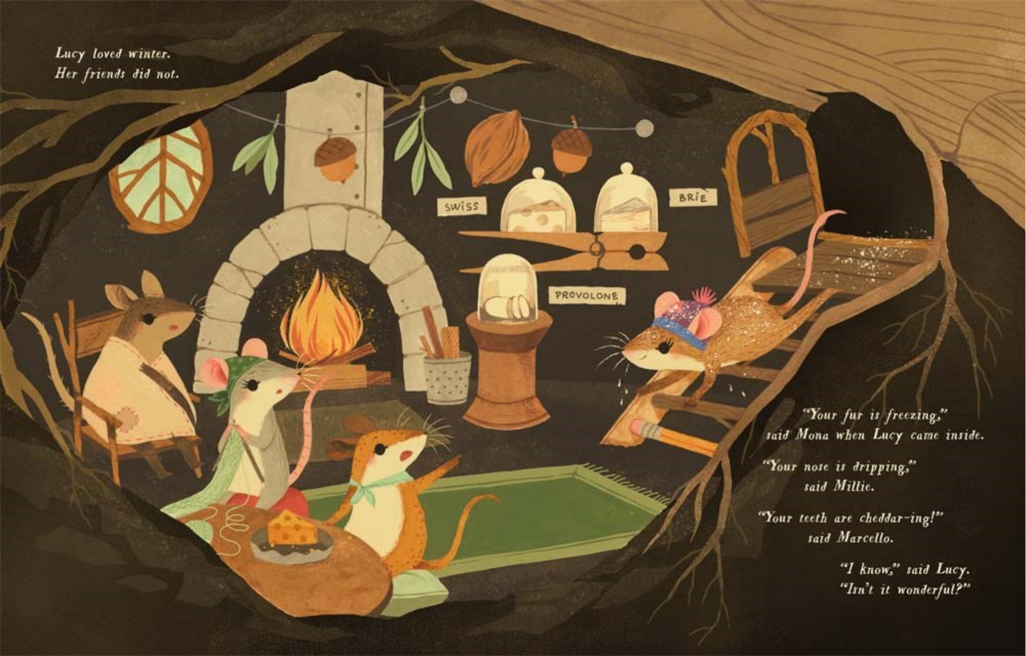 Illustration of mice around a fireplace in a cozy setting with text.