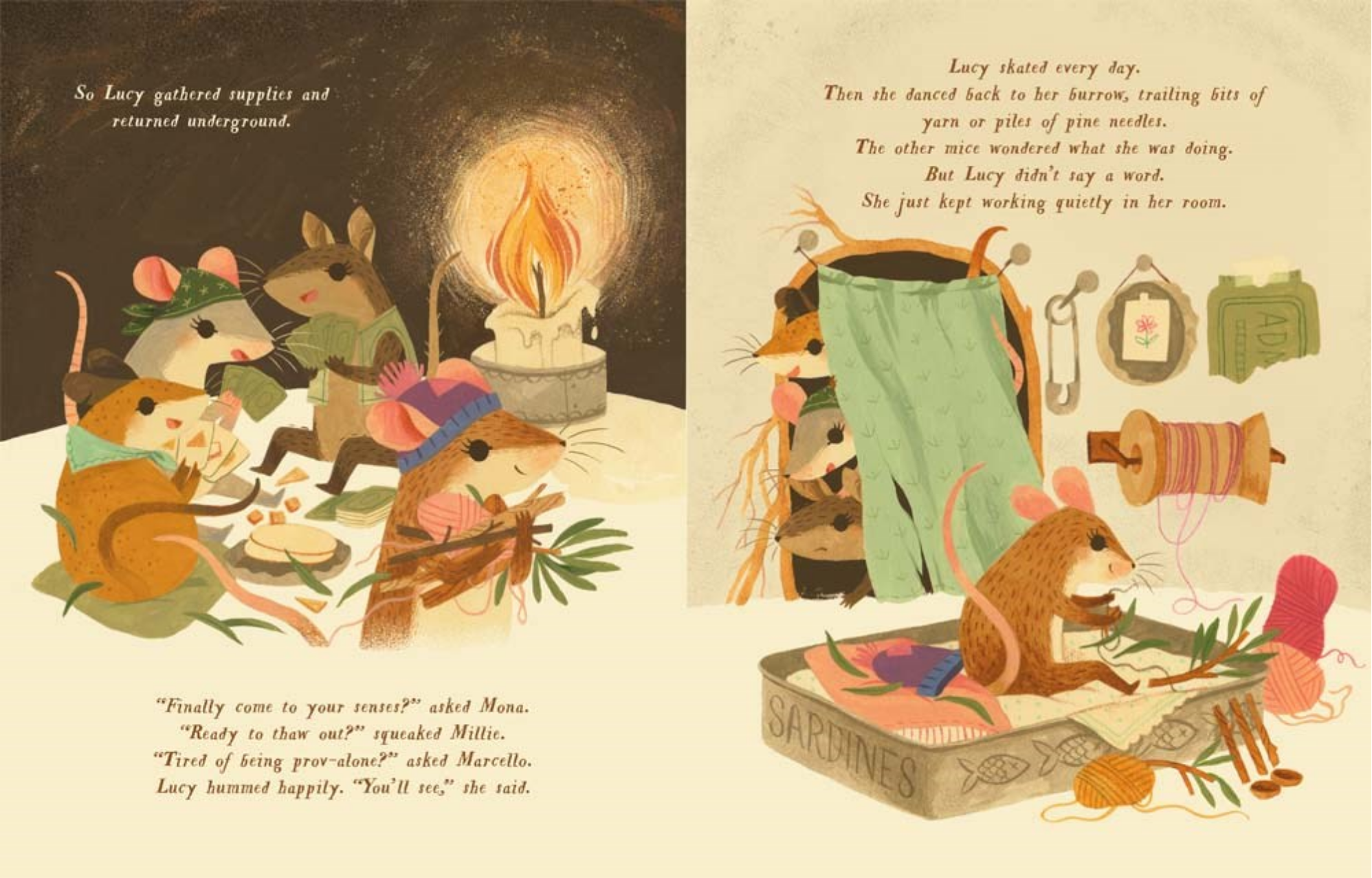Illustrated book pages with mouse characters around a candle, one mouse sewing, and text.