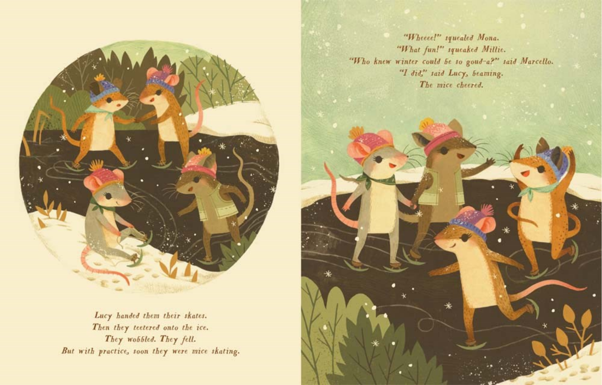 Illustrated book page with characters in winter clothing in a snowy landscape