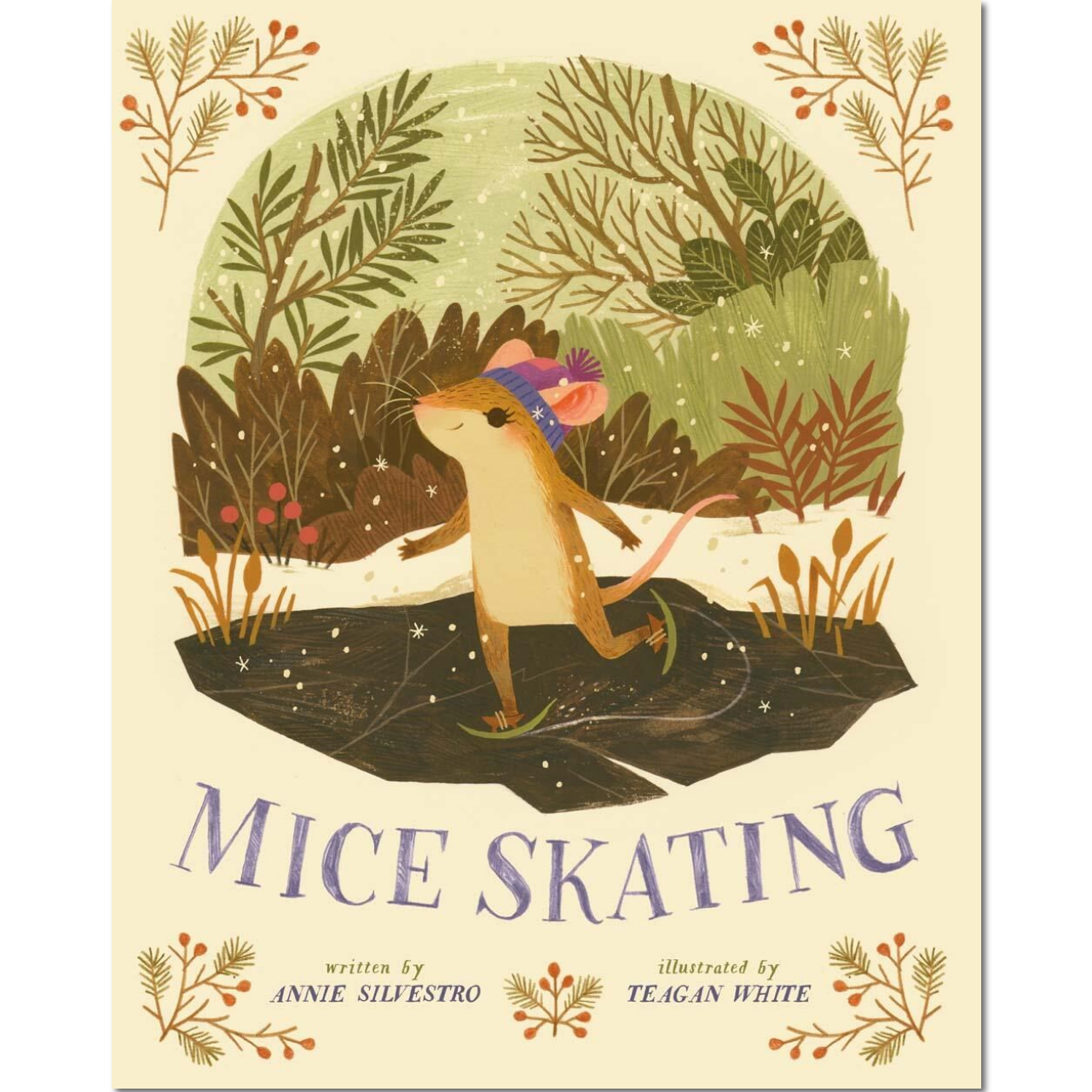 Book cover of 'Mice Skating' with a mouse skating in a forest setting.