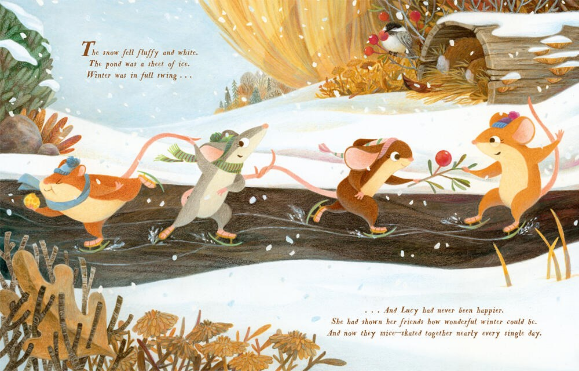 Illustration of mice playing in the snow with a wooden cabin in the background