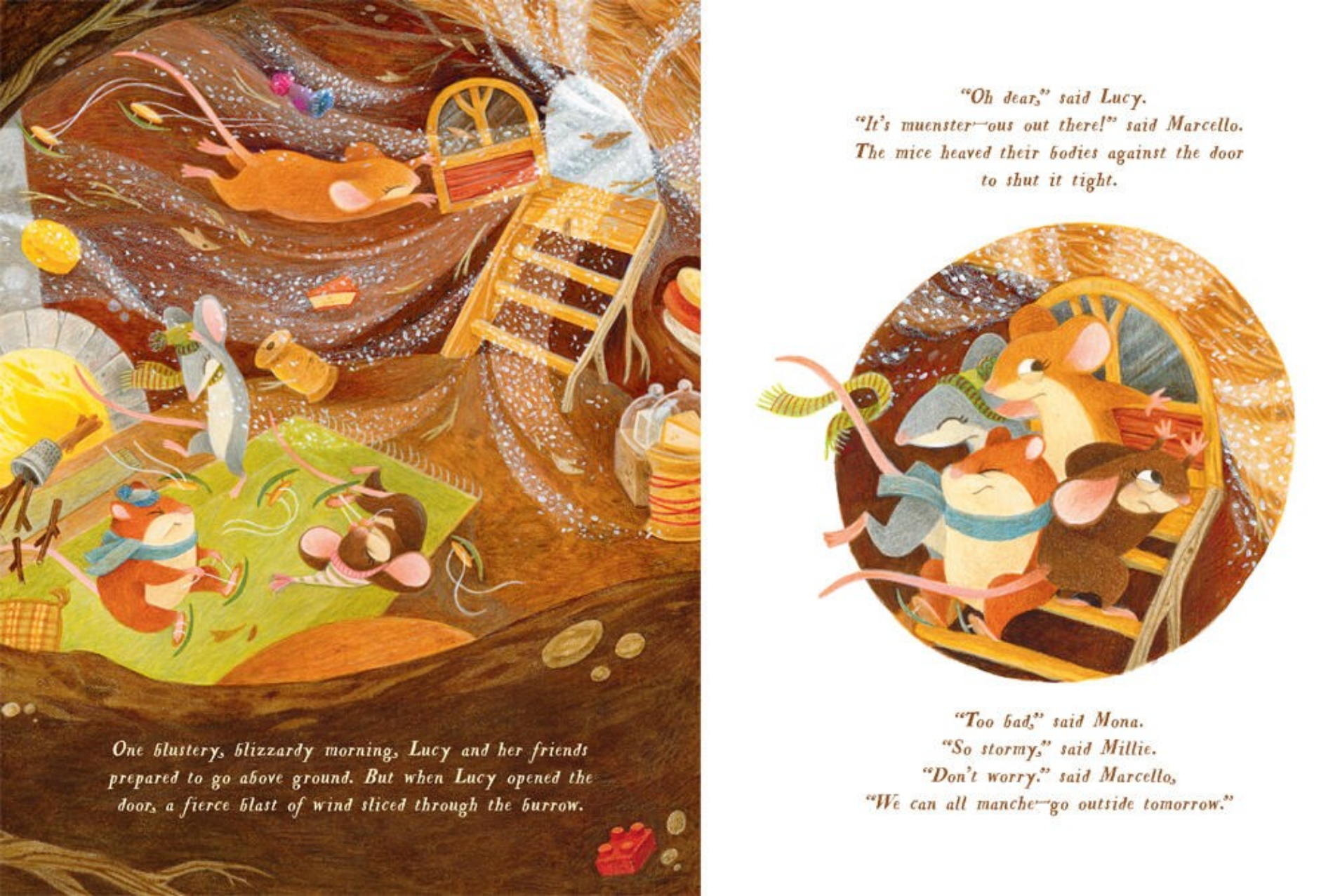 Illustrated book page with mice in a wooden boat and text.