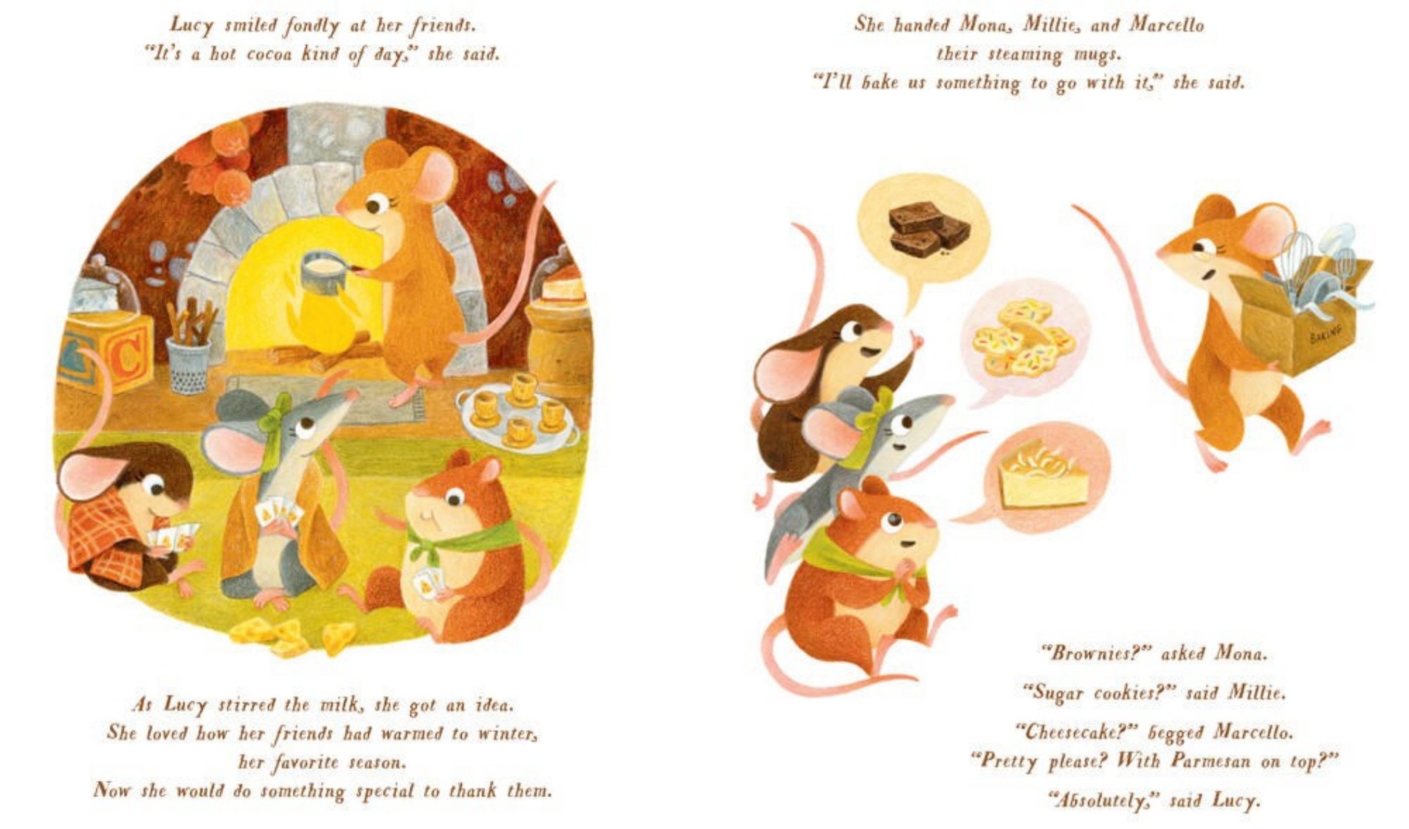 Illustration of mice around a table with food, featuring text from a storybook.