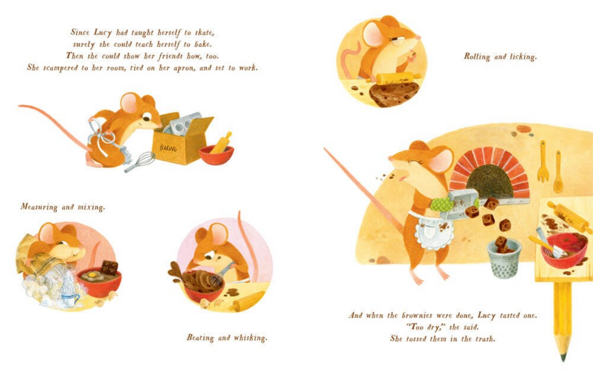 Illustrated book page with a mouse character and text, featuring a mouse preparing food.