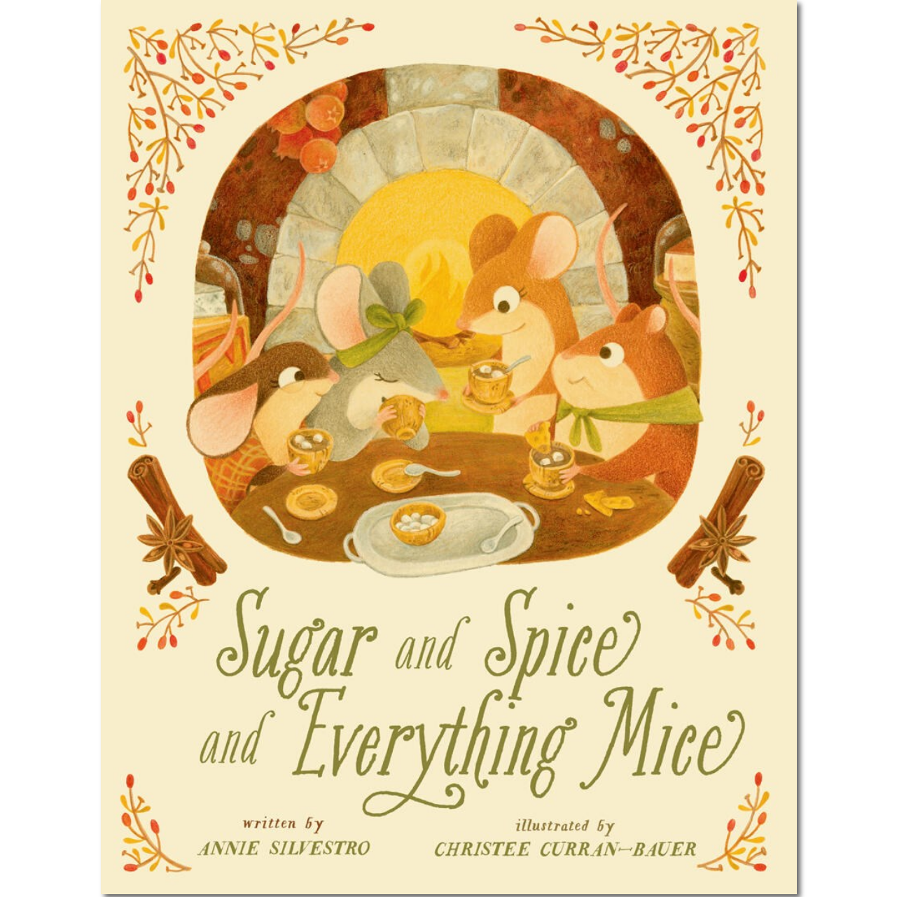Book cover of 'Sugar and Spice and Everything Mice' with mice at a table on a beige background