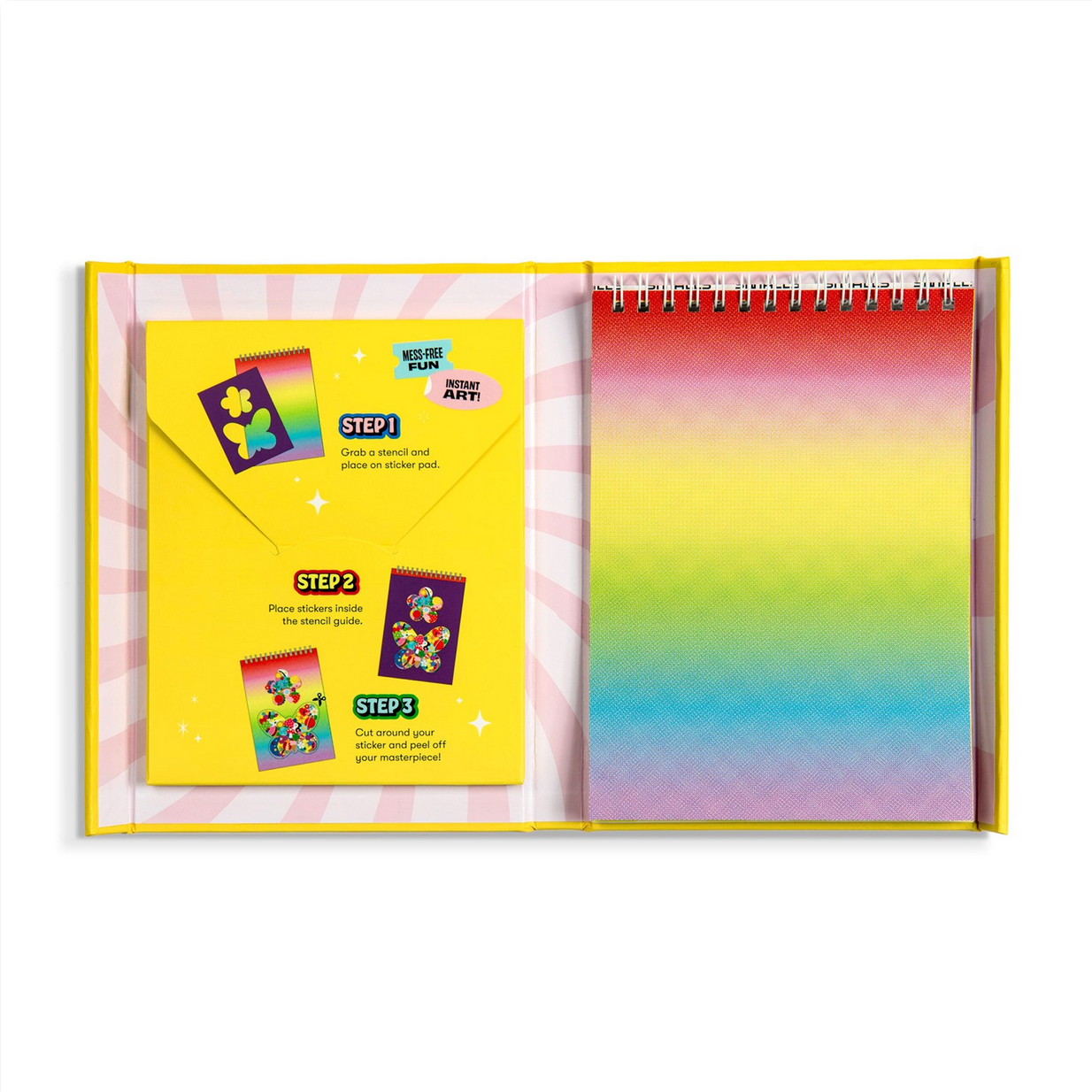 Colorful spiral-bound notebook with a rainbow gradient on a white background