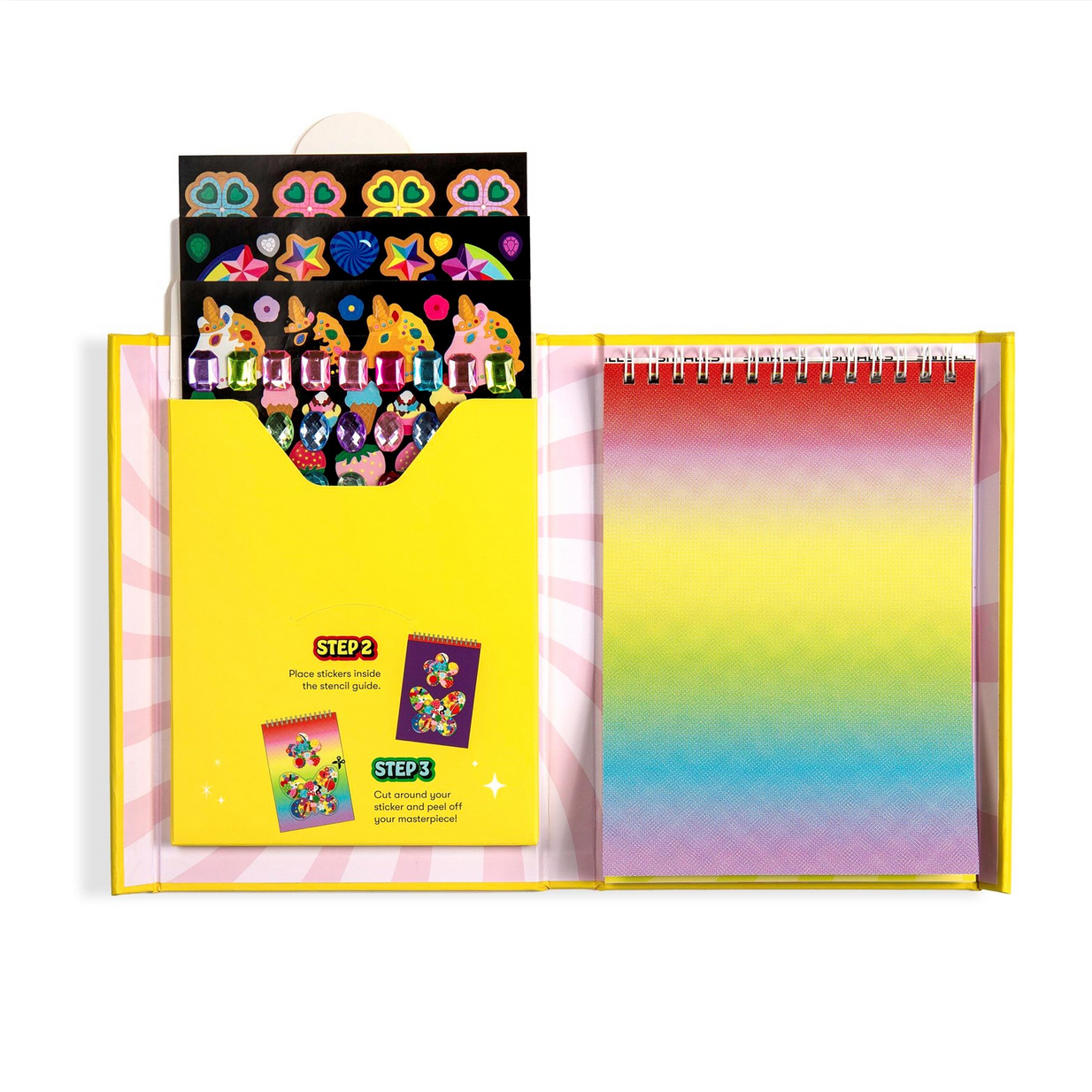 Colorful stationery set with a notebook and sticker book on a white background