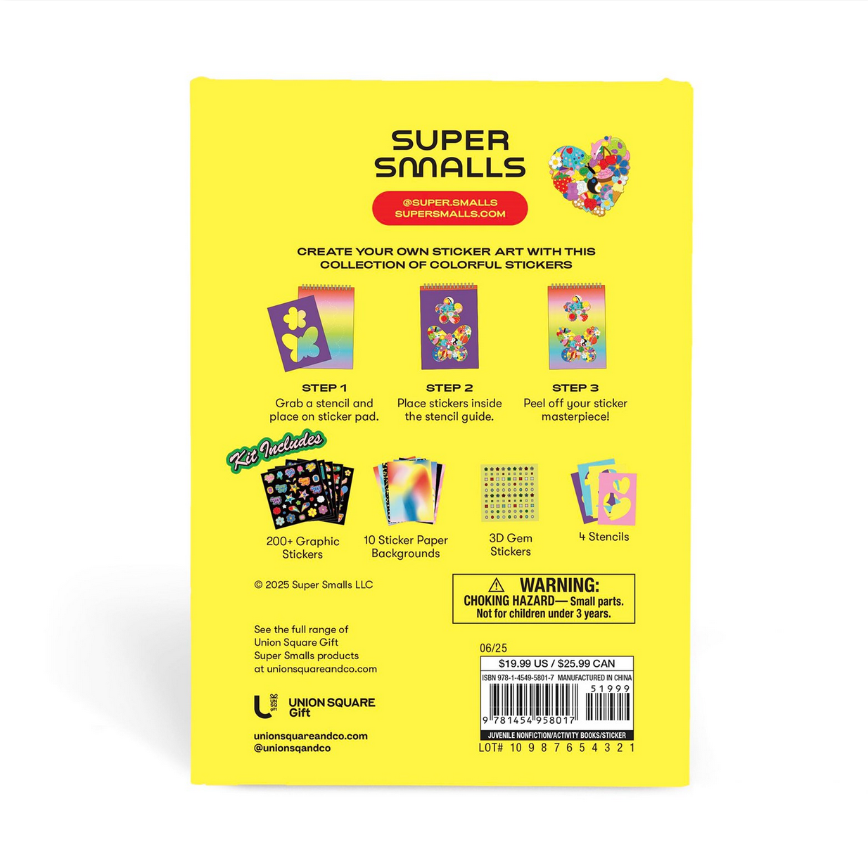 Super Smalls sticker kit packaging with colorful graphics and text on a yellow background