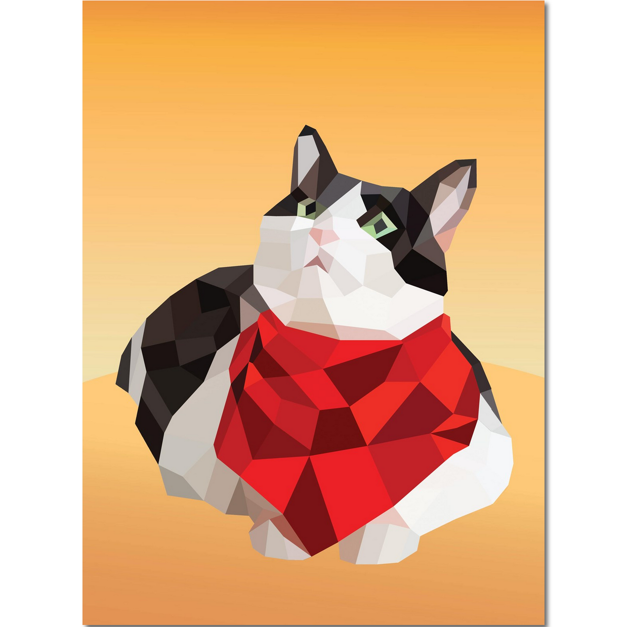 Cat wearing a red geometric bandana on an orange background