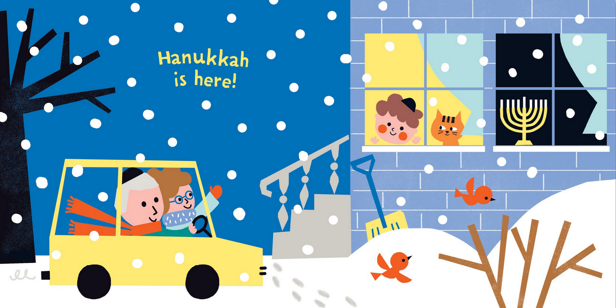 Illustration of a car driving through snow with children, a Chanukah menorah, and a window view of a family celebrating.