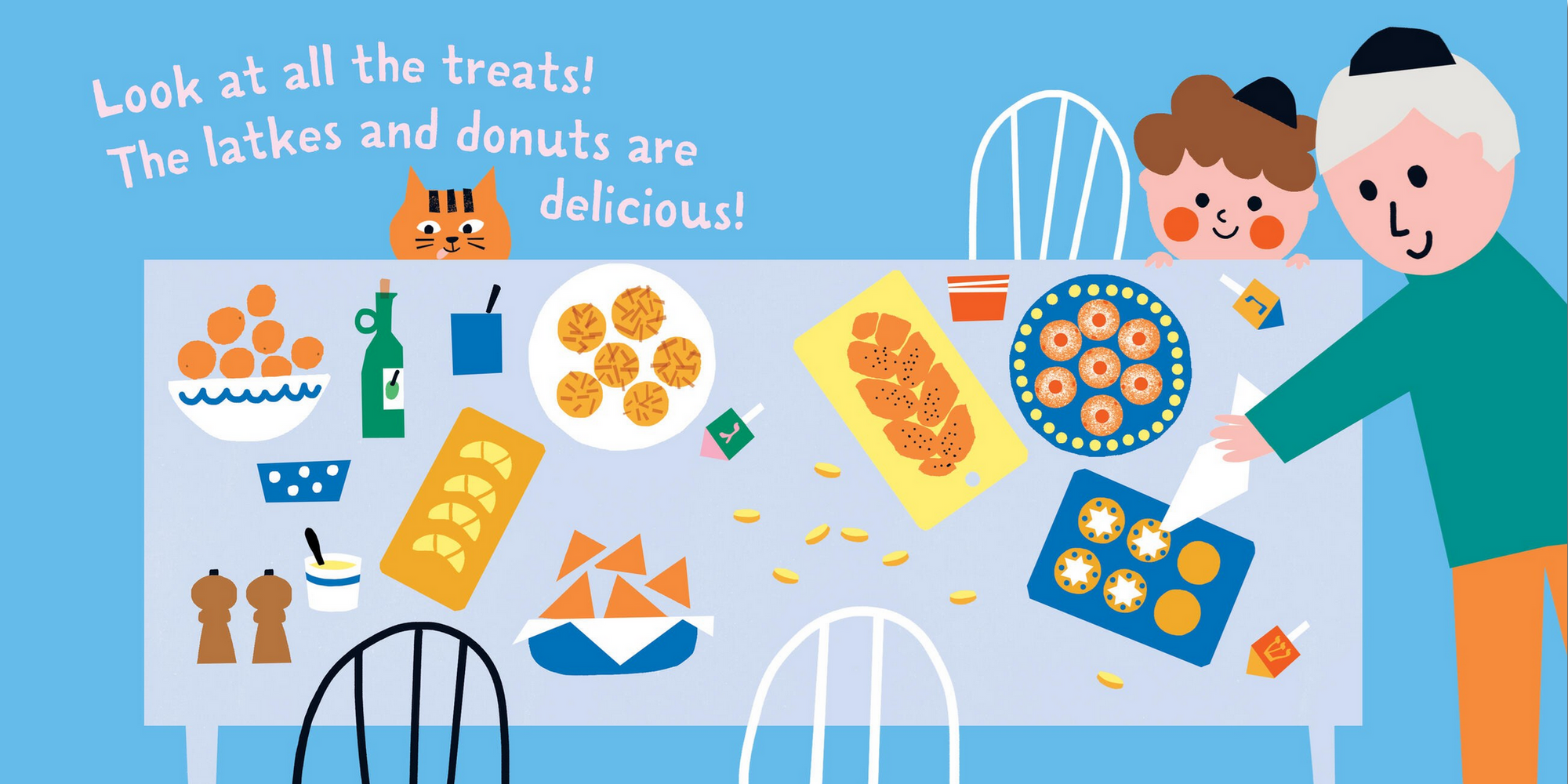 Illustration of children and an adult at a table with latkes and donuts, on a blue background.