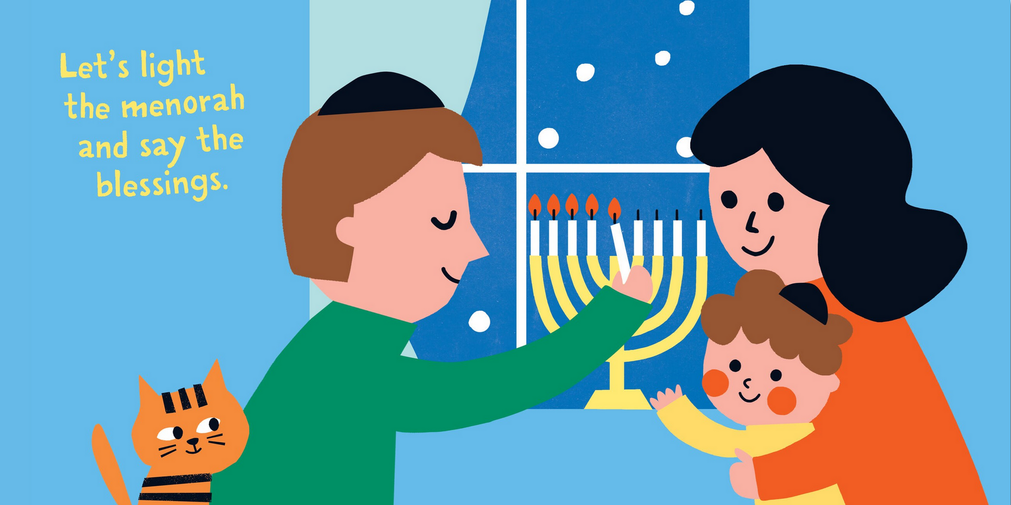 Illustration of a family lighting a menorah with text on a blue background
