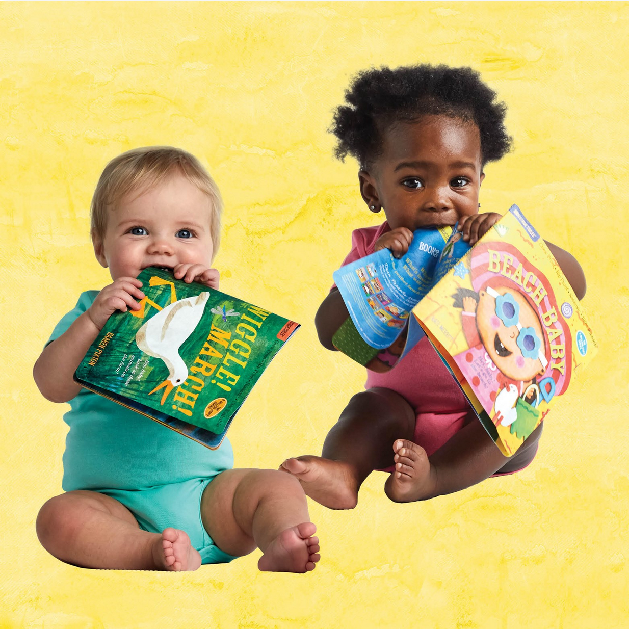 Two children holding books against a yellow background