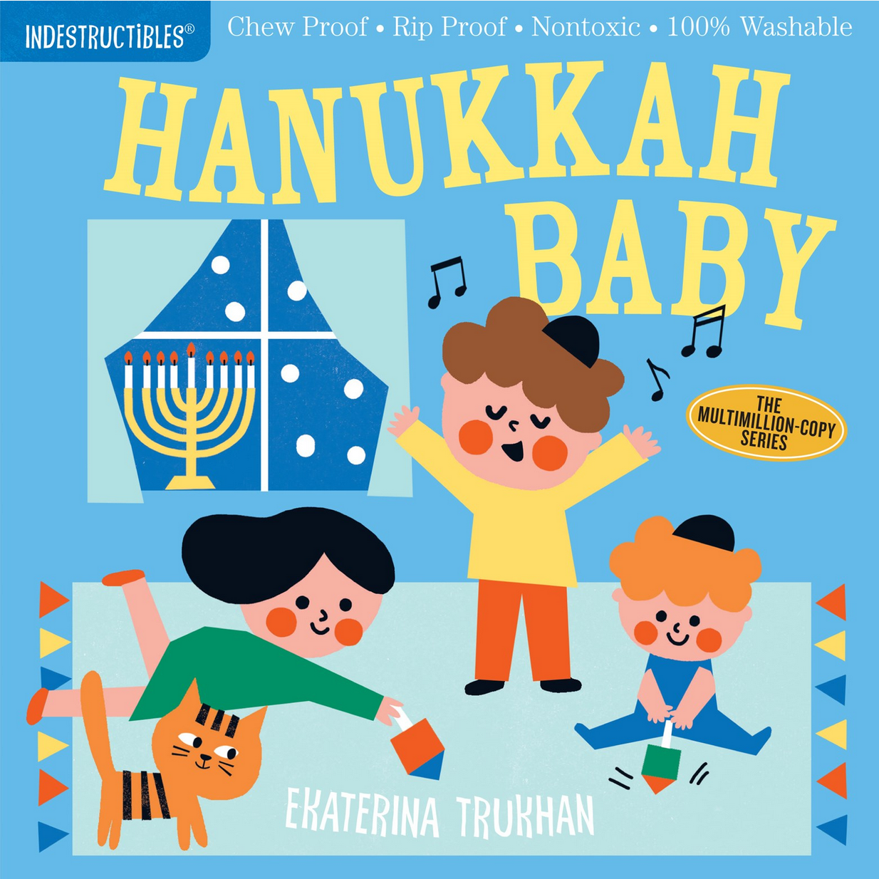 Book cover of 'Hanukkah Baby' with children and a menorah on a blue background
