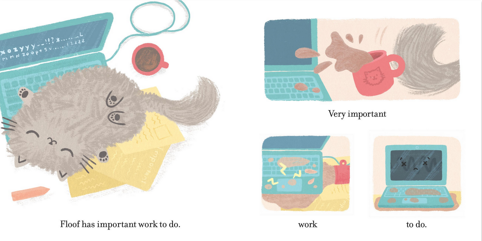Illustrations of a cat using a laptop with text and a cat sitting on a chair.