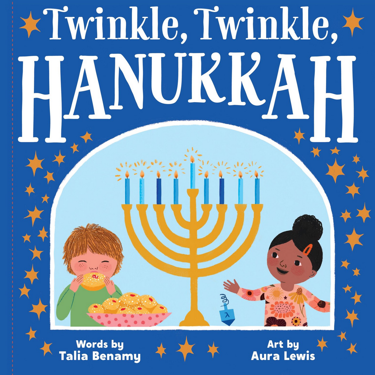 Book cover of 'Twinkle, Twinkle Hanukkah' with illustrations of children and a menorah.