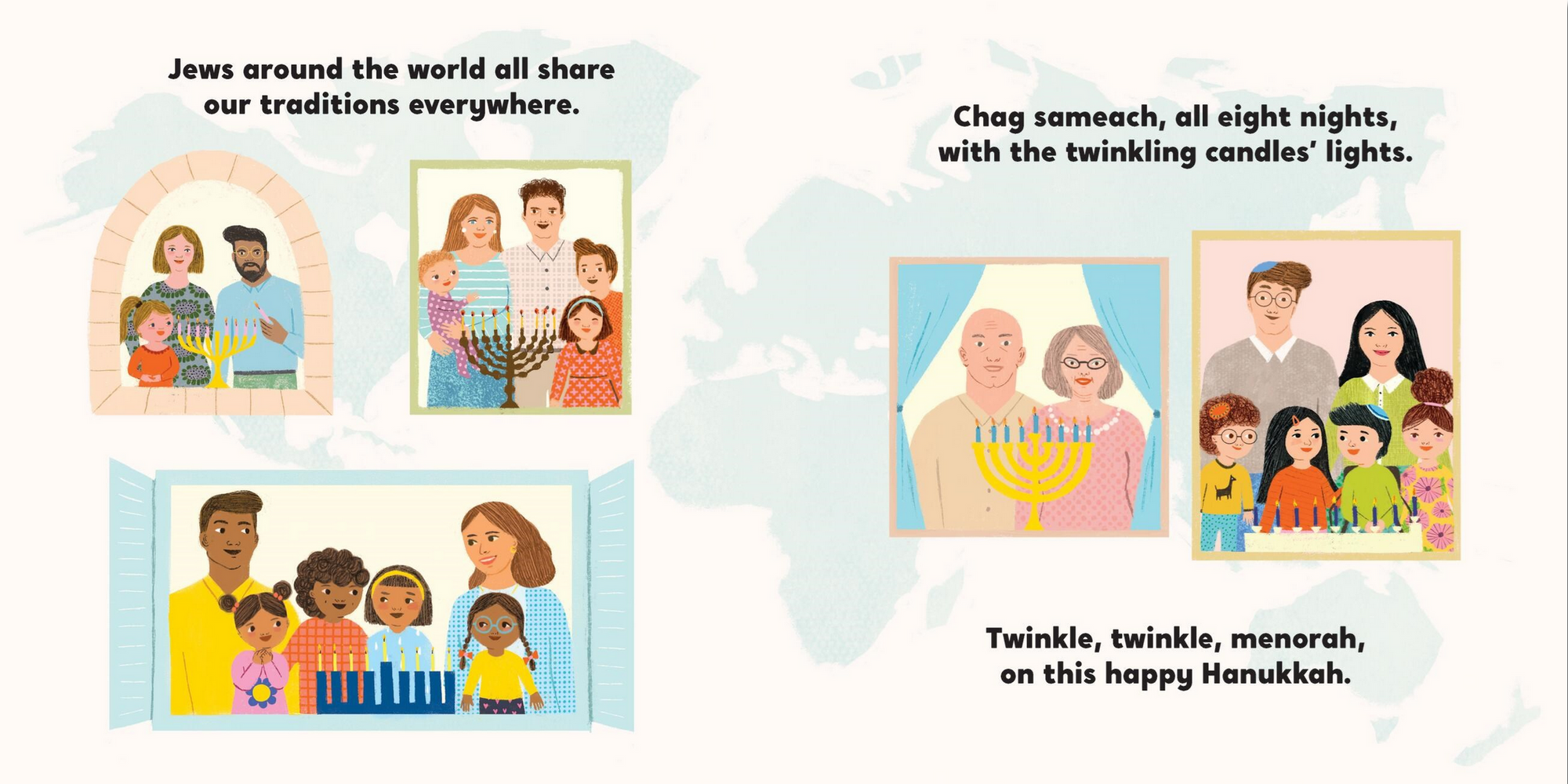 Illustrations of families celebrating Hanukkah with candles and menorahs, set against a light blue background.