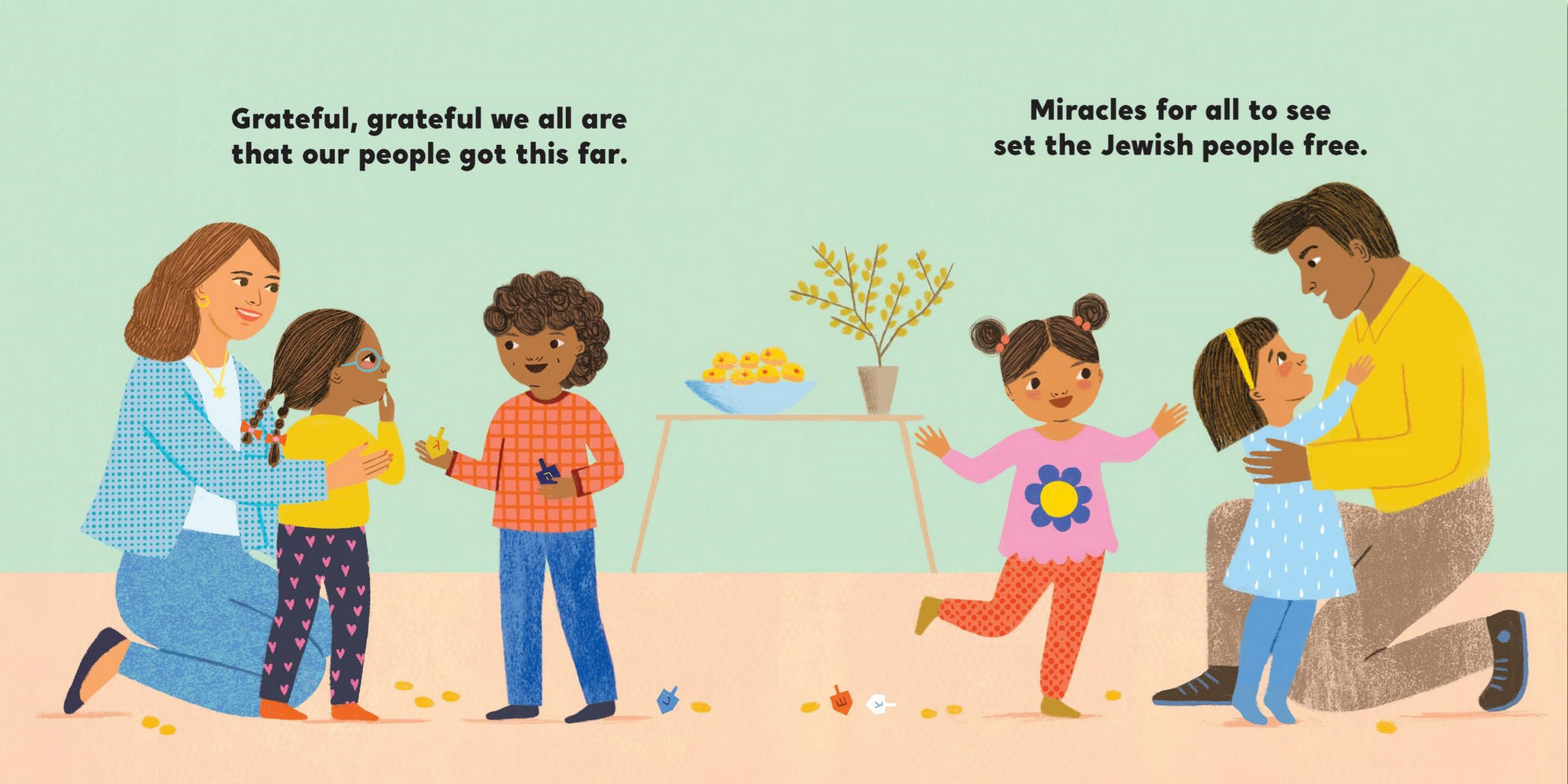 Illustration of a family with children in a warm, indoor setting with text about gratitude and freedom.