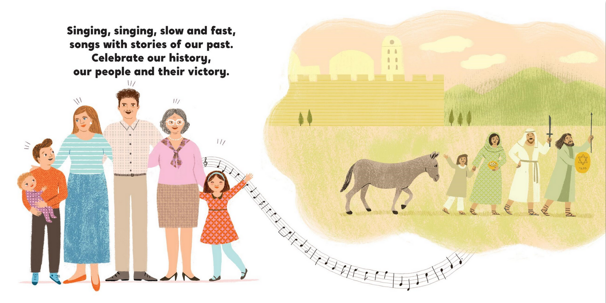 Illustration of a family with children and adults, with musical notes and a landscape in the background.