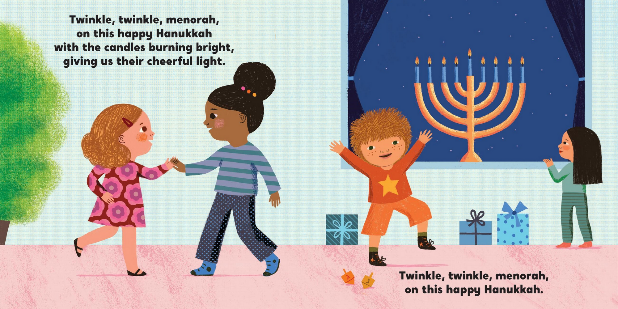 Children's book illustration of children celebrating Hanukkah with a menorah and candles.
