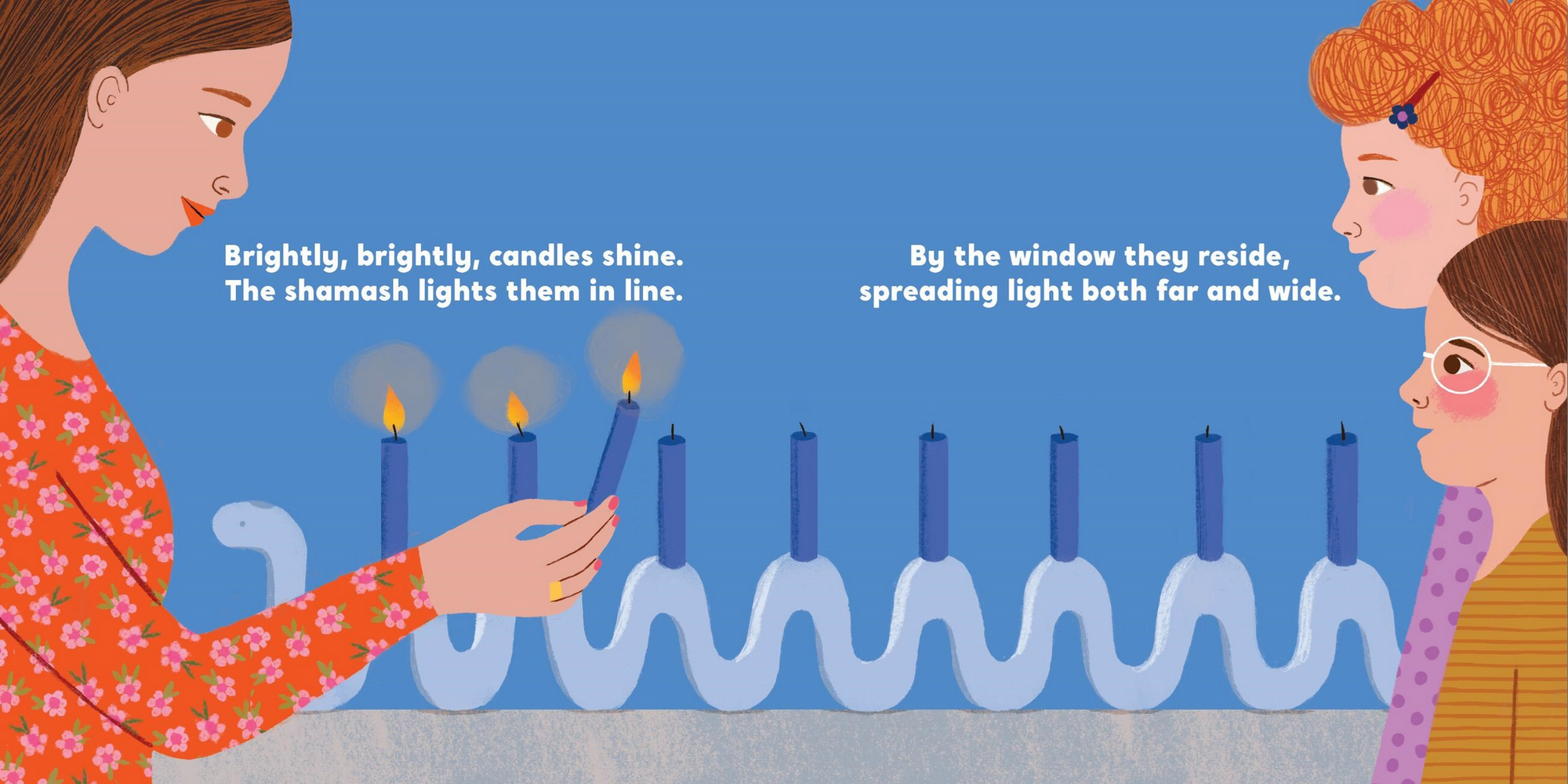 Illustration of a woman lighting candles on a menorah with text about candles shining brightly.