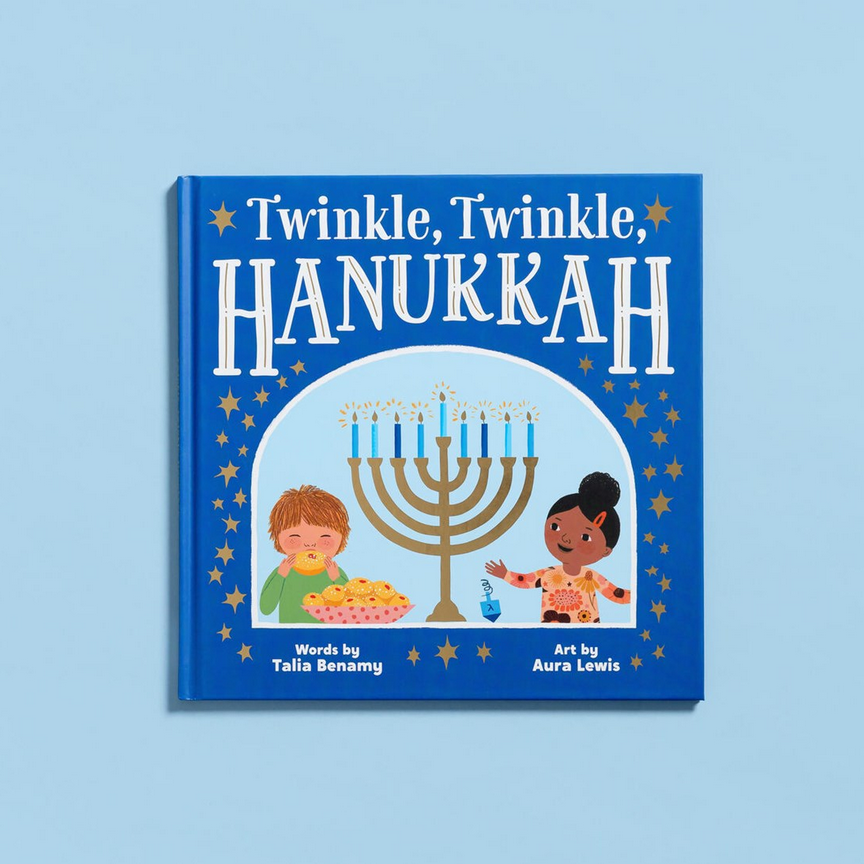 Book titled 'Twinkle, Twinkle Hanukkah' on a light blue background
