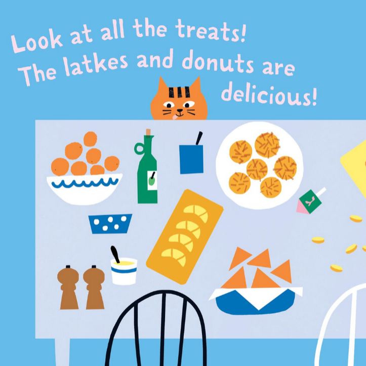 Illustration of a cat looking at treats on a table with text 'Look at all the treats! The latkes and donuts are delicious!'