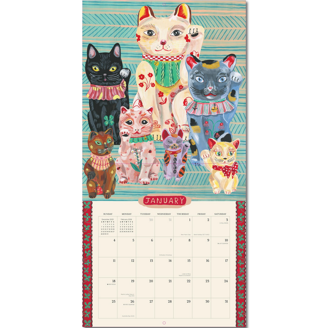 Calendar with colorful cat illustrations on a white background