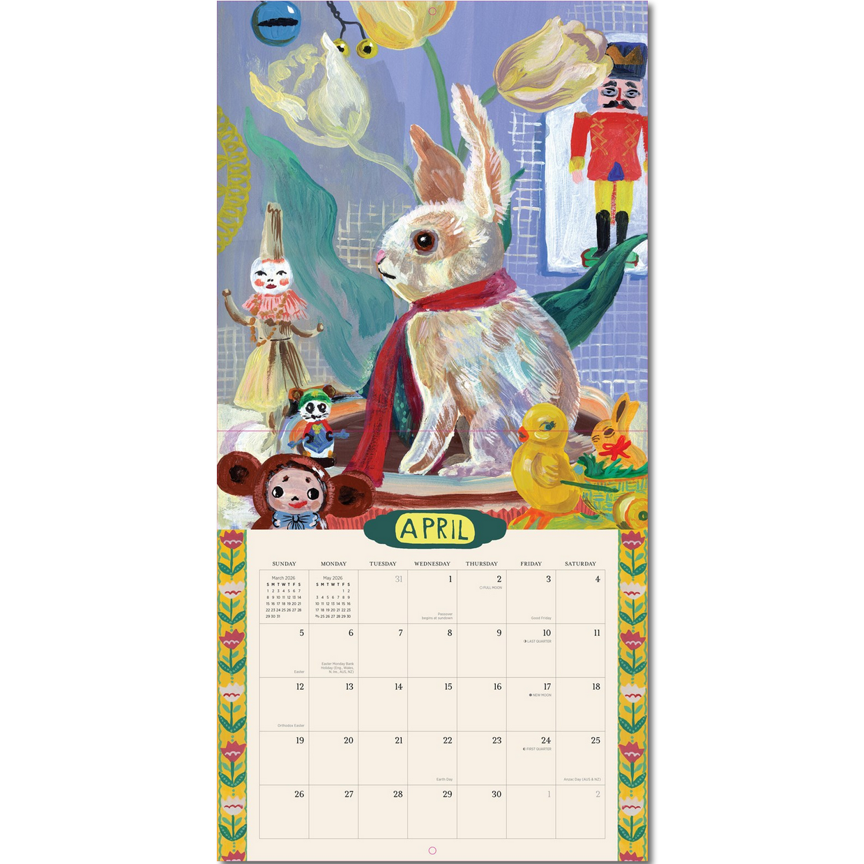 Calendar with a rabbit illustration and colorful border on a white background