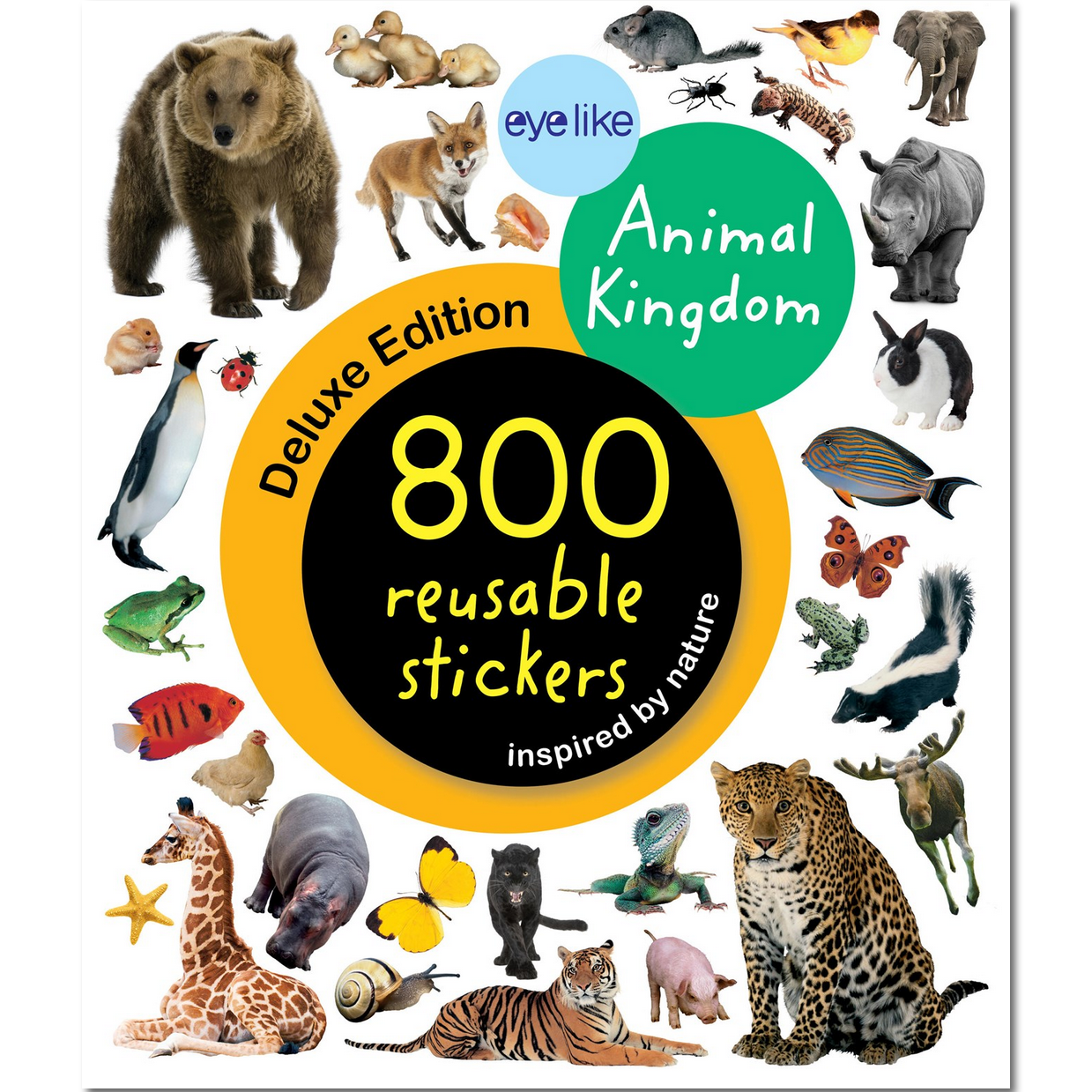 Book cover of 'Animal Kingdom' sticker book with various animals and a sticker count on a white background.