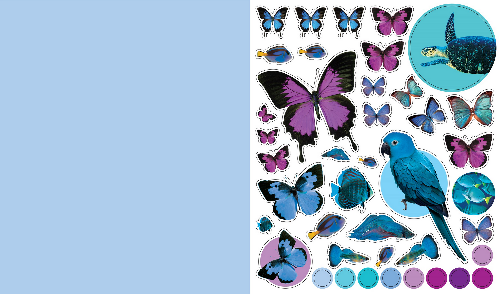 Collection of colorful butterfly and parrot stickers on a light blue background