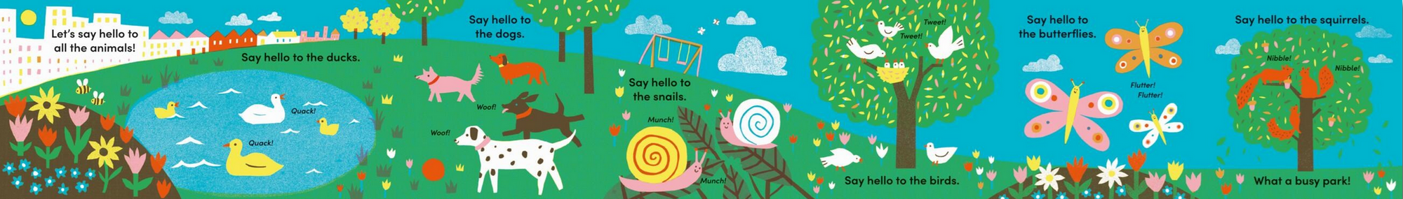 Illustrated children's book page with animals and nature elements.