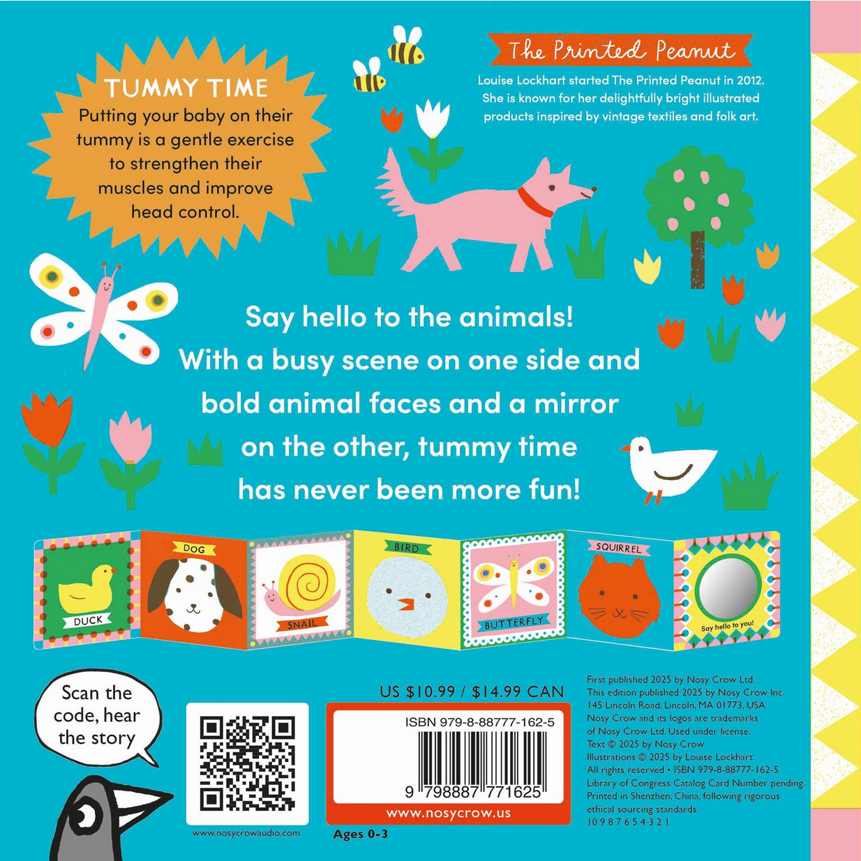Back cover of a children's book with illustrations of animals and text about tummy time.