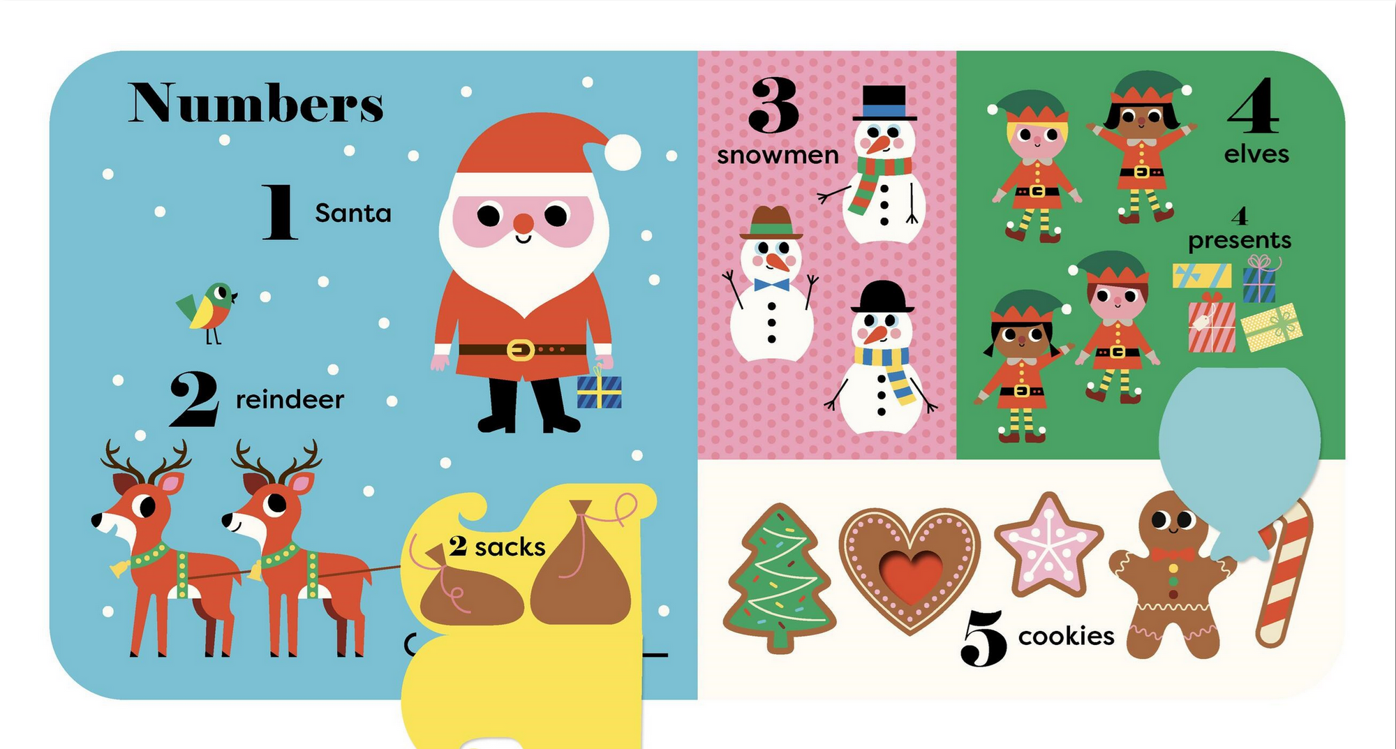 Educational children's book with Christmas-themed illustrations and numbers