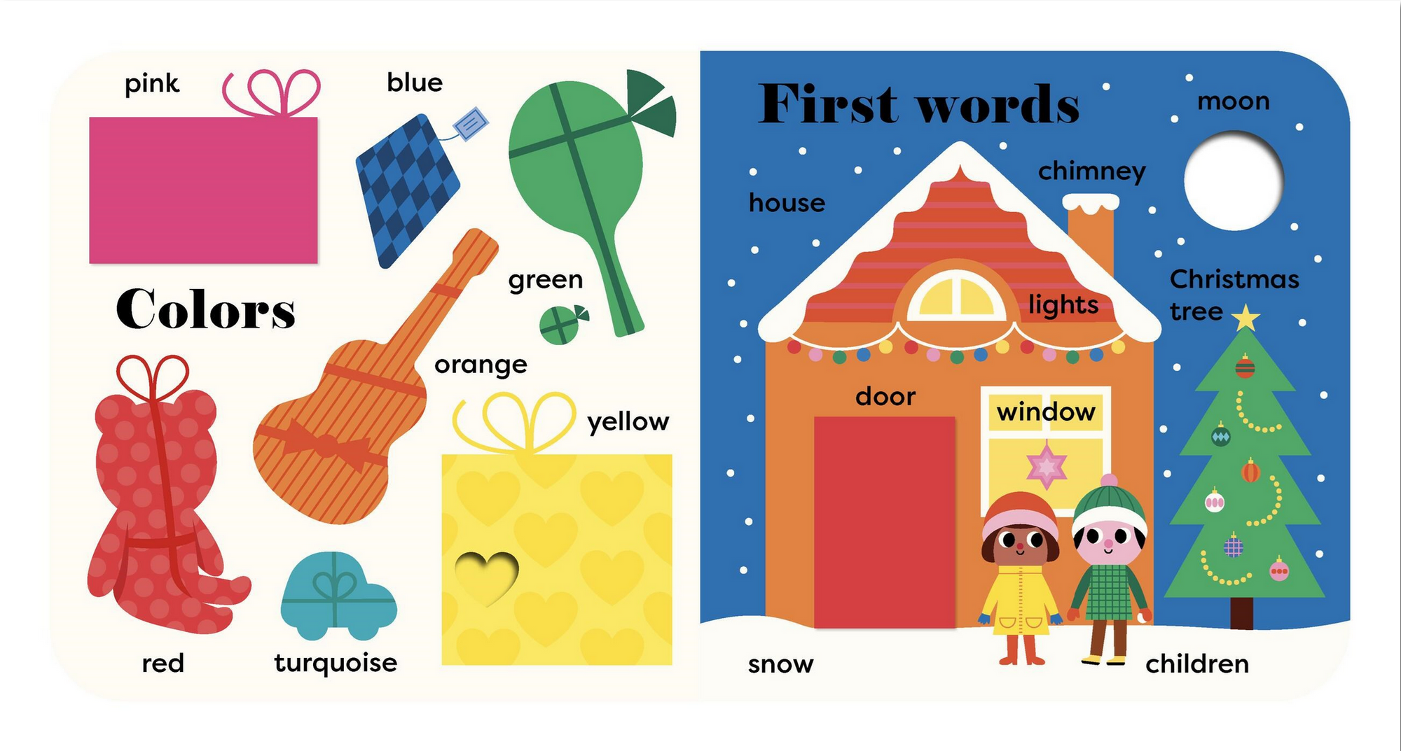 Educational children's book with color chart and words on a white background