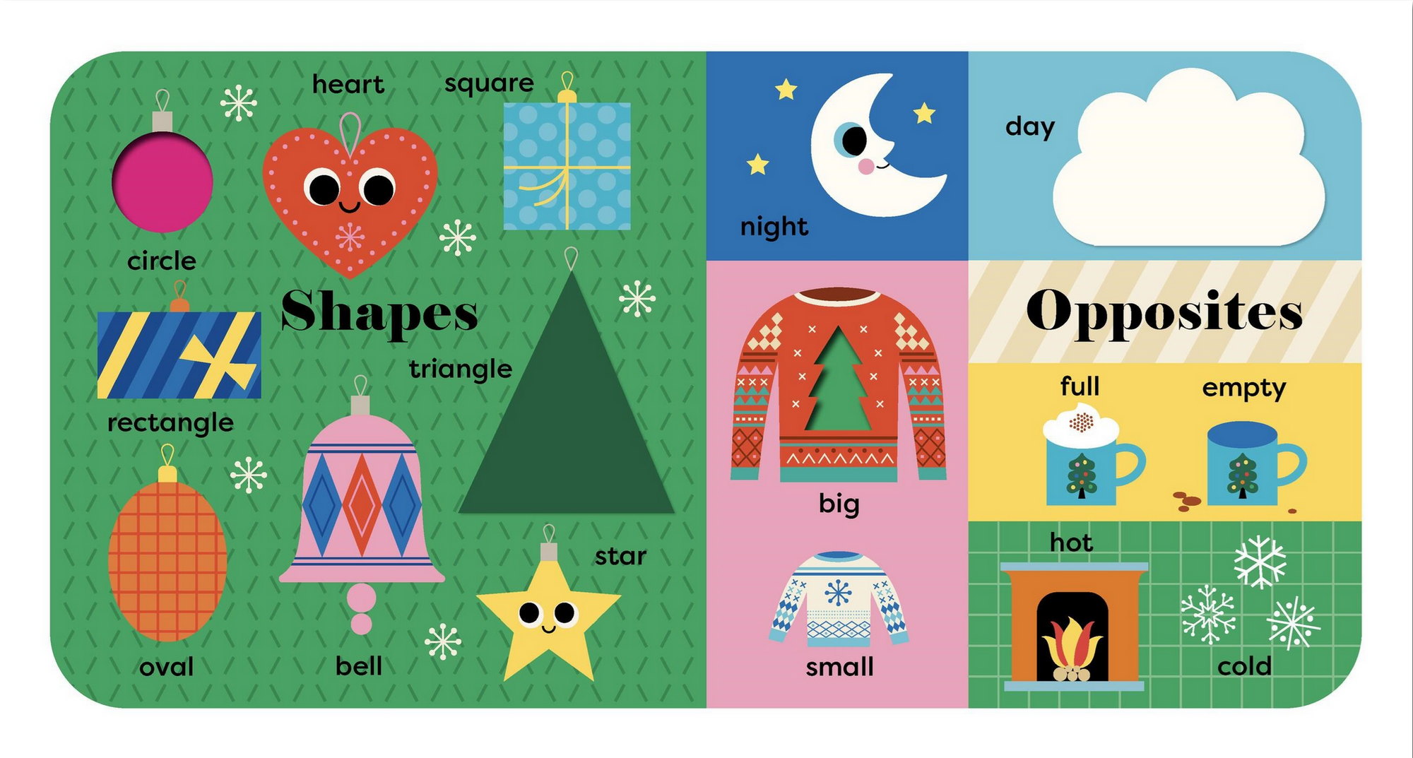 Educational children's board with shapes and opposites illustrations on a green background